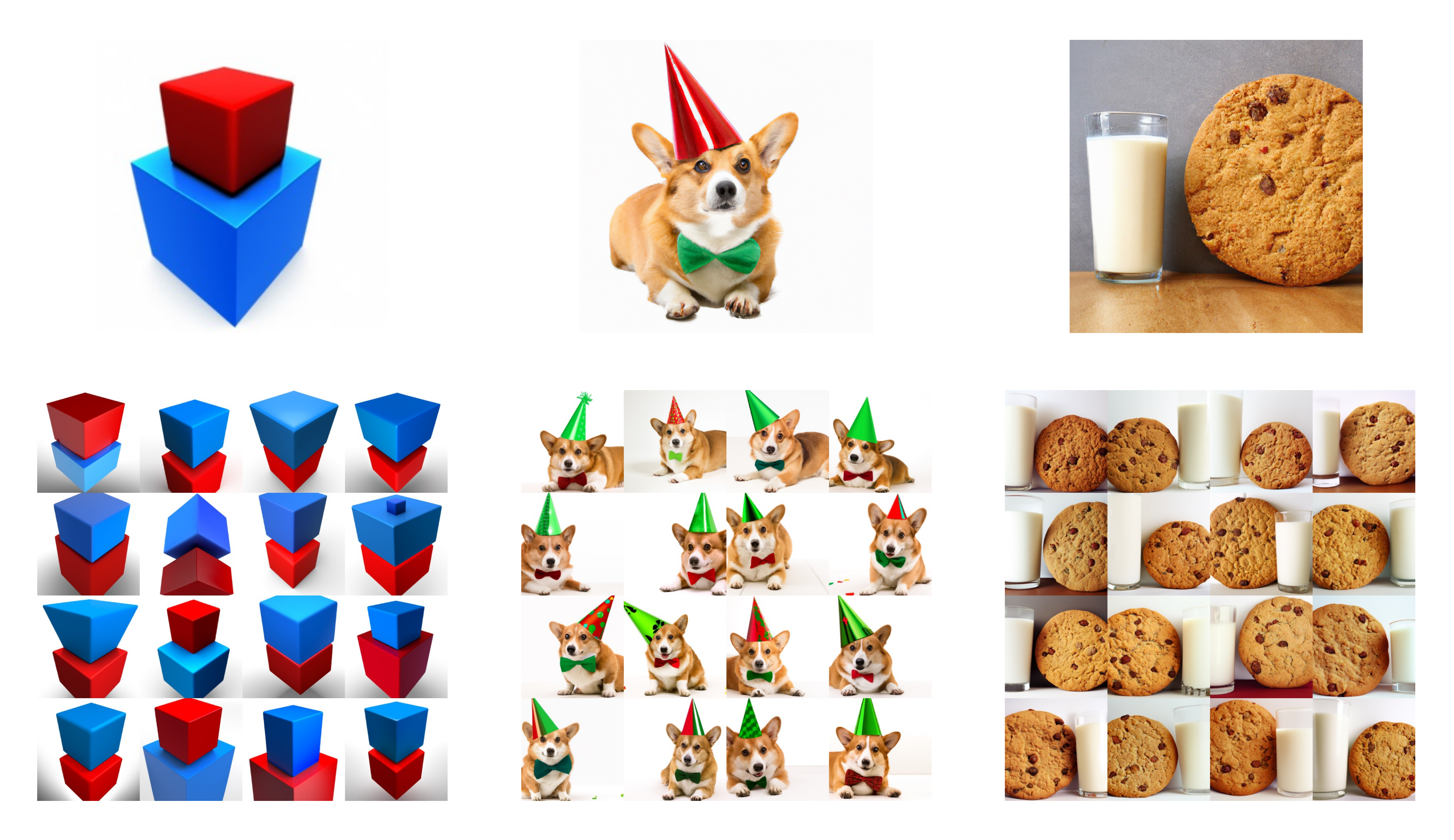 **Figure 15:** Reconstructions from the decoder for difficult binding problems. We find that the reconstructions mix up objects and attributes. In the first two examples, the model mixes up the color of two objects. In the rightmost example, the model does not reliably reconstruct the relative size of two objects.