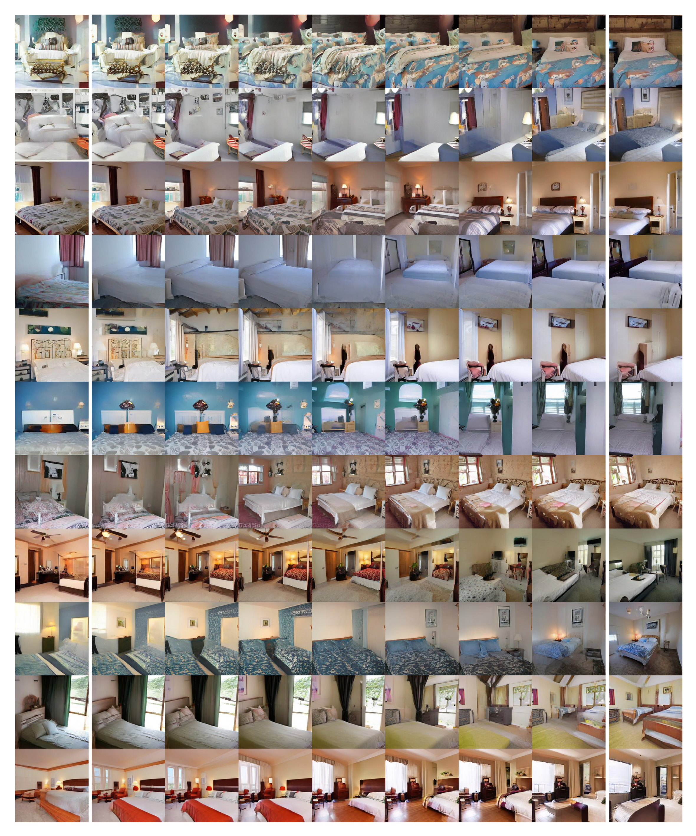 **Figure 11:** Interpolating between leftmost and rightmost images with spherical linear interpolation. All samples are generated by a consistency model trained on LSUN Bedroom $256\times 256$.