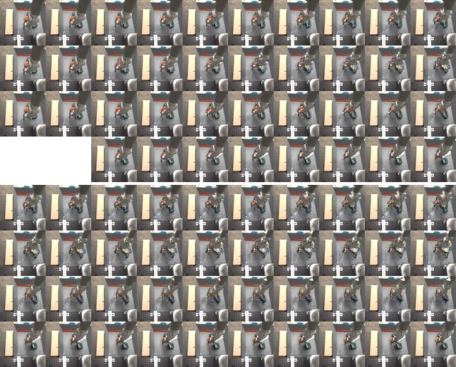 **Figure 7:** Three different samples from the VPN starting from the same 2 context frames on the Robotic Pushing validation set. For each set of four rows, top three rows are generated samples, the bottom row is the actual continuation in the data.