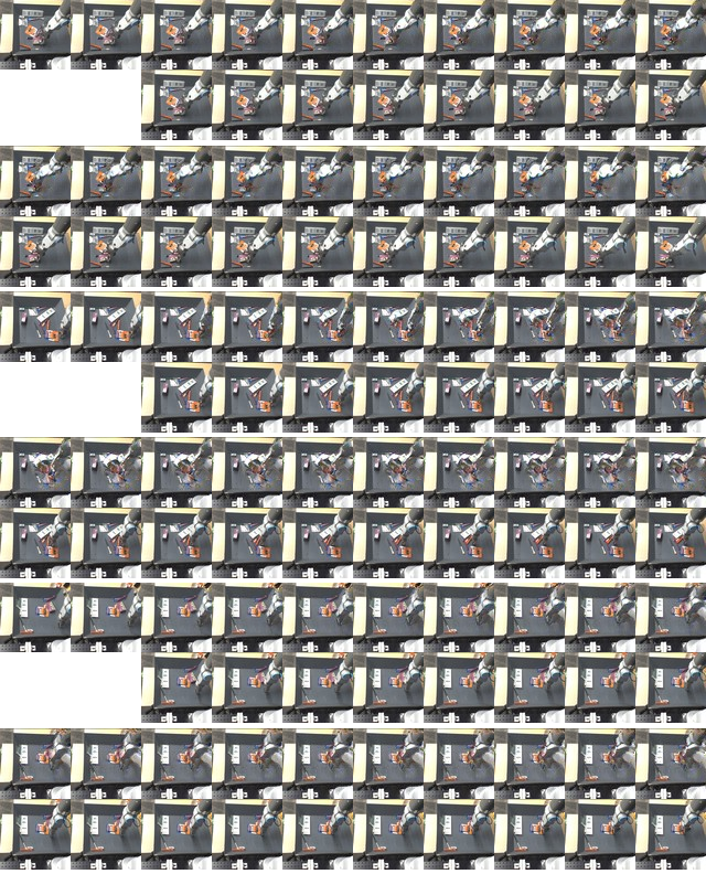 **Figure 6:** Randomly sampled continuations of videos from the Robotic Pushing test set with *novel* objects not seen during training. Each set of four rows is as in Fig. 5.