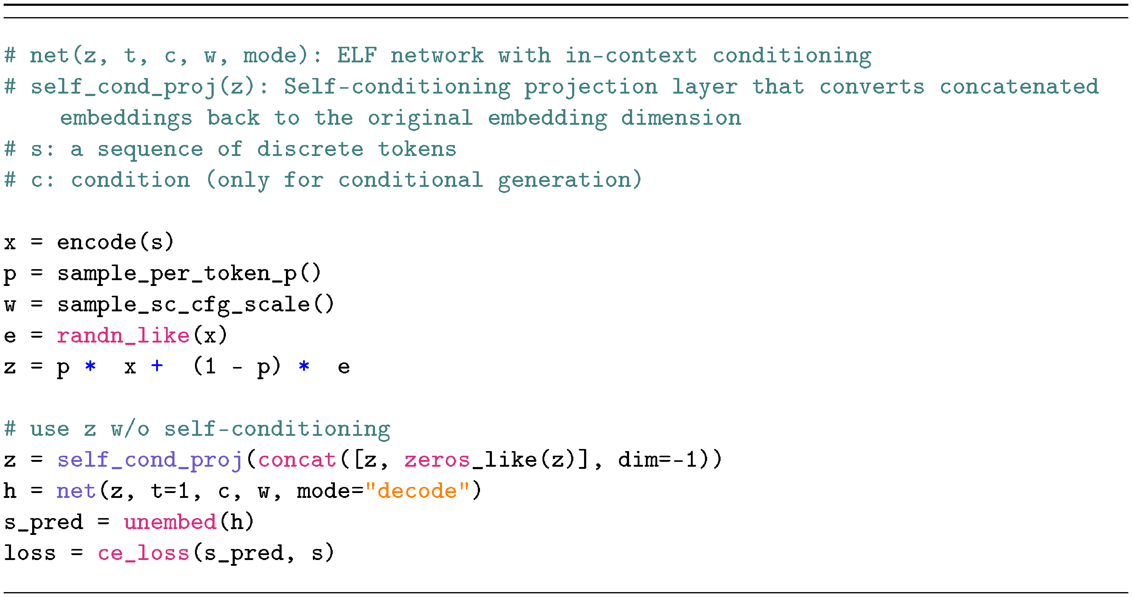 **Algorithm 2:** ELF decoder training with conditioning and guidance.