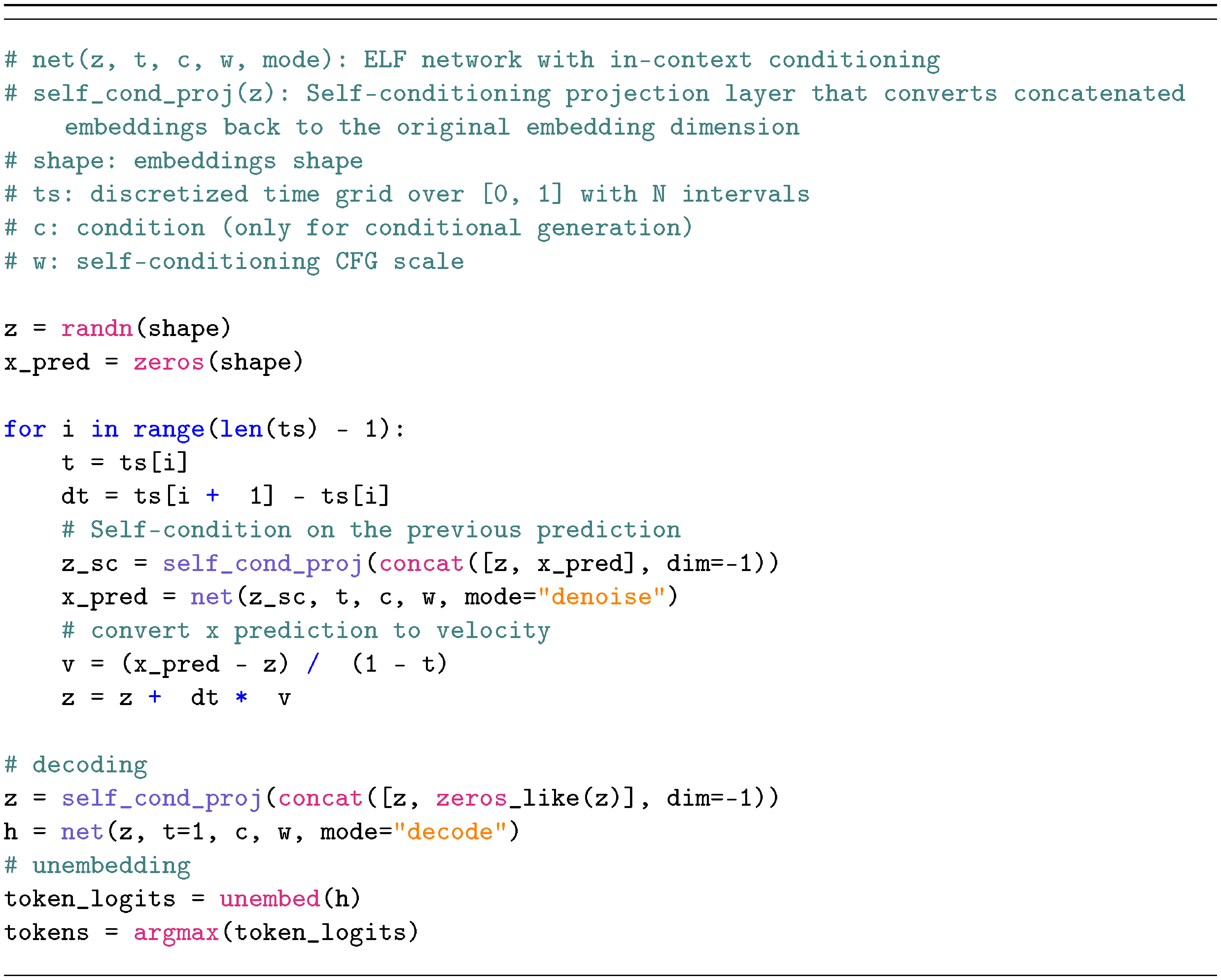 **Algorithm 3:** ELF inference with conditioning and guidance.