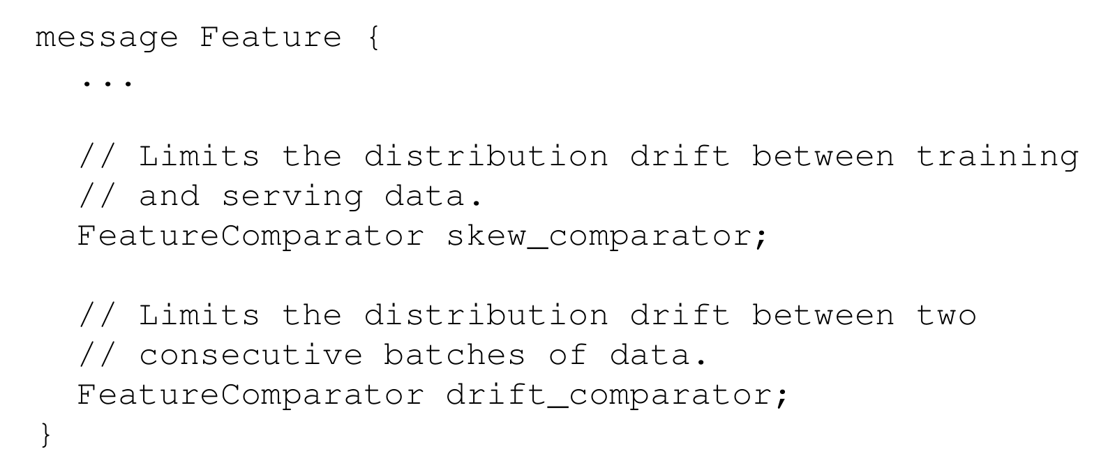 Figure 7: Extensions to the `Feature` message of `Schema` to check for distribution drifts.