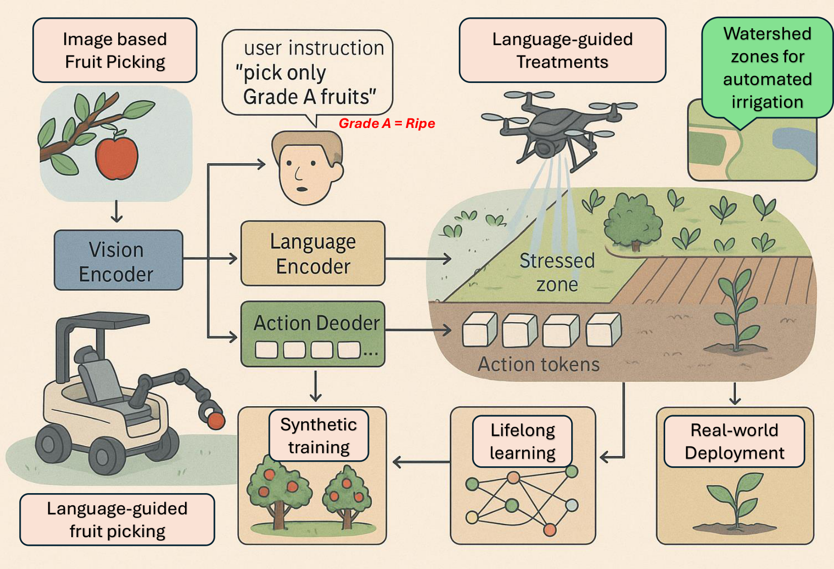 **Figure 15:** This diagram illustrates the application of VLA models in precision and automated agriculture. A ground robot uses vision encoders to detect ripe fruits and interprets instructions such as “pick only Grade A fruits” through language encoders. Action tokens then guide robotic manipulators for efficient, damage-free picking. Drones leverage VLA models to analyze aerial imagery and verbal commands for targeted irrigation. Synthetic training environments and LoRA-based adaptation enable models to generalize across crop types, environmental conditions, and geographies. This VLA-driven pipeline promotes sustainable agriculture by improving productivity, reducing manual labor, and enhancing decision-making through multimodal perception and control.