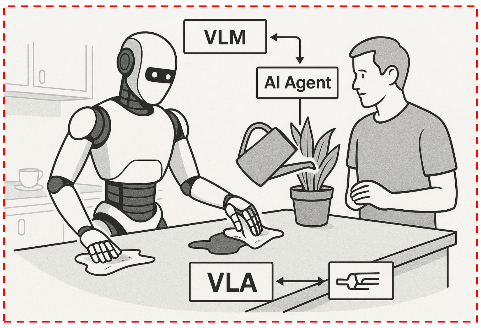 **Figure 18:** This conceptual illustration presents “Eva,” a future humanoid assistant powered by Vision-Language Models (VLMs), VLA frameworks, and agentic AI systems. VLMs enable semantic scene understanding and object affordance prediction, while VLAs translate language-grounded instructions into hierarchical motor plans. Agentic AI modules ensure adaptive learning, self-refinement, and interactive decision-making in open-ended environments. Together, these components represent a foundational blueprint for Artificial General Intelligence (AGI) in robotics, where perception, language understanding, planning, and safe autonomous behavior converge in real-world, socially aware tasks.
