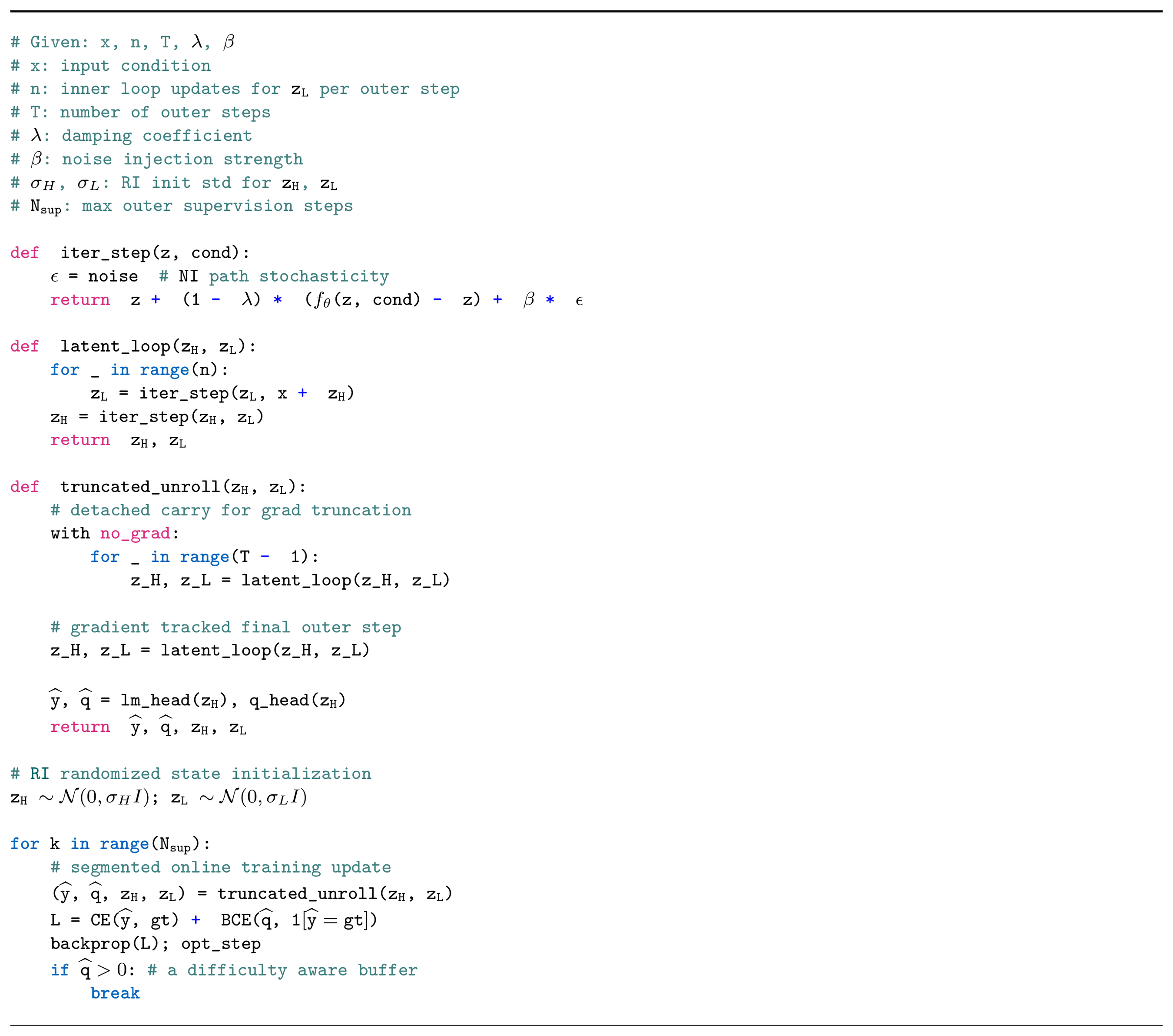 **Algorithm 1:** Pseudocode with <span style="color:teal!80!black">RI</span> randomized state initialization and **NI** noise injection.
