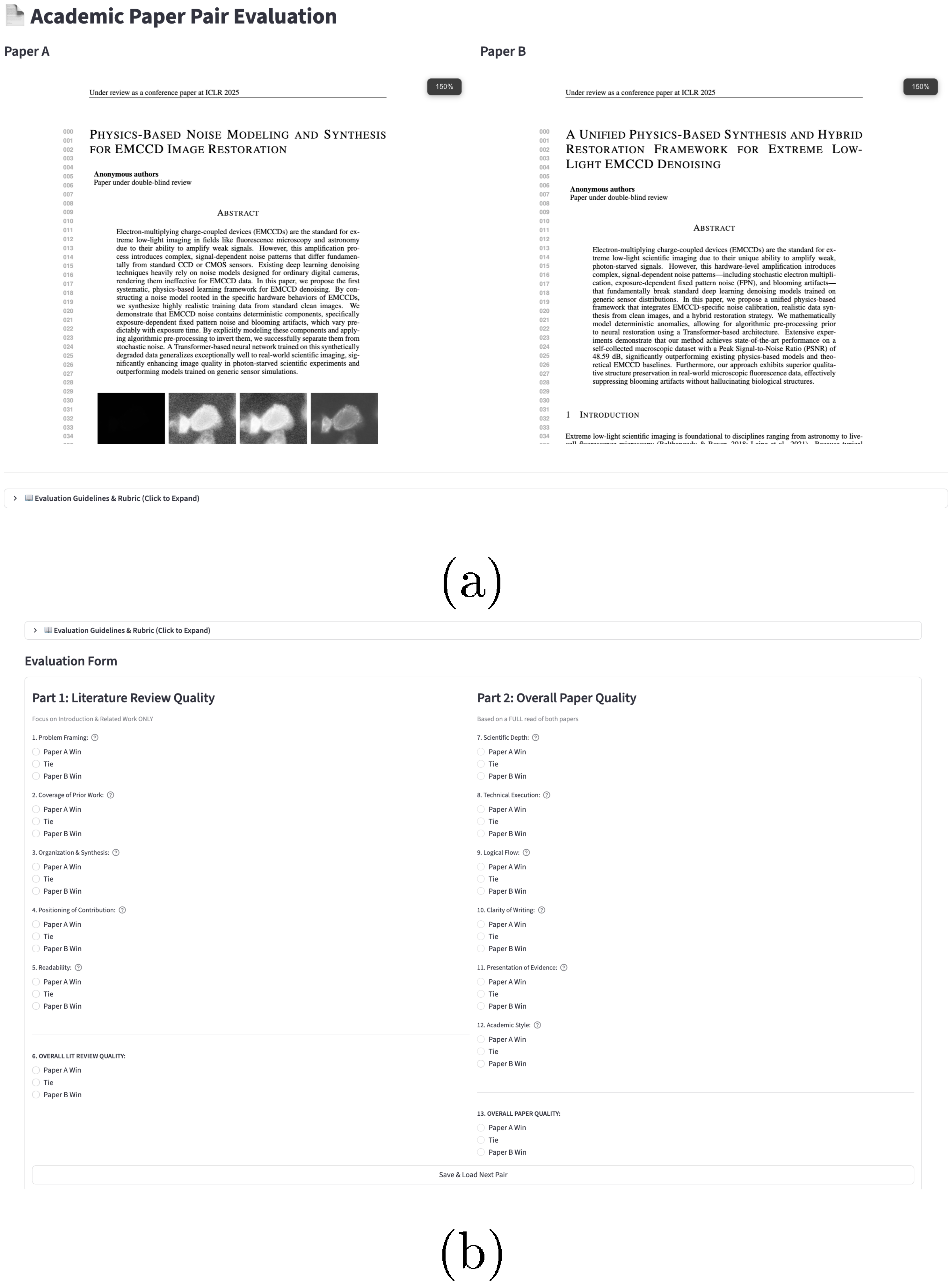 **Figure 8:** **Streamlit-based Human Evaluation Interface.** The custom UI displays two manuscripts side-by-side (a) and provides a fine-grained questionnaire alongside a final preference selection (b).