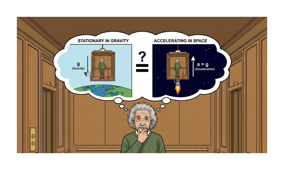 Figure 2. Einstein’s thought experiment of the equivalence principle (AI generated).
