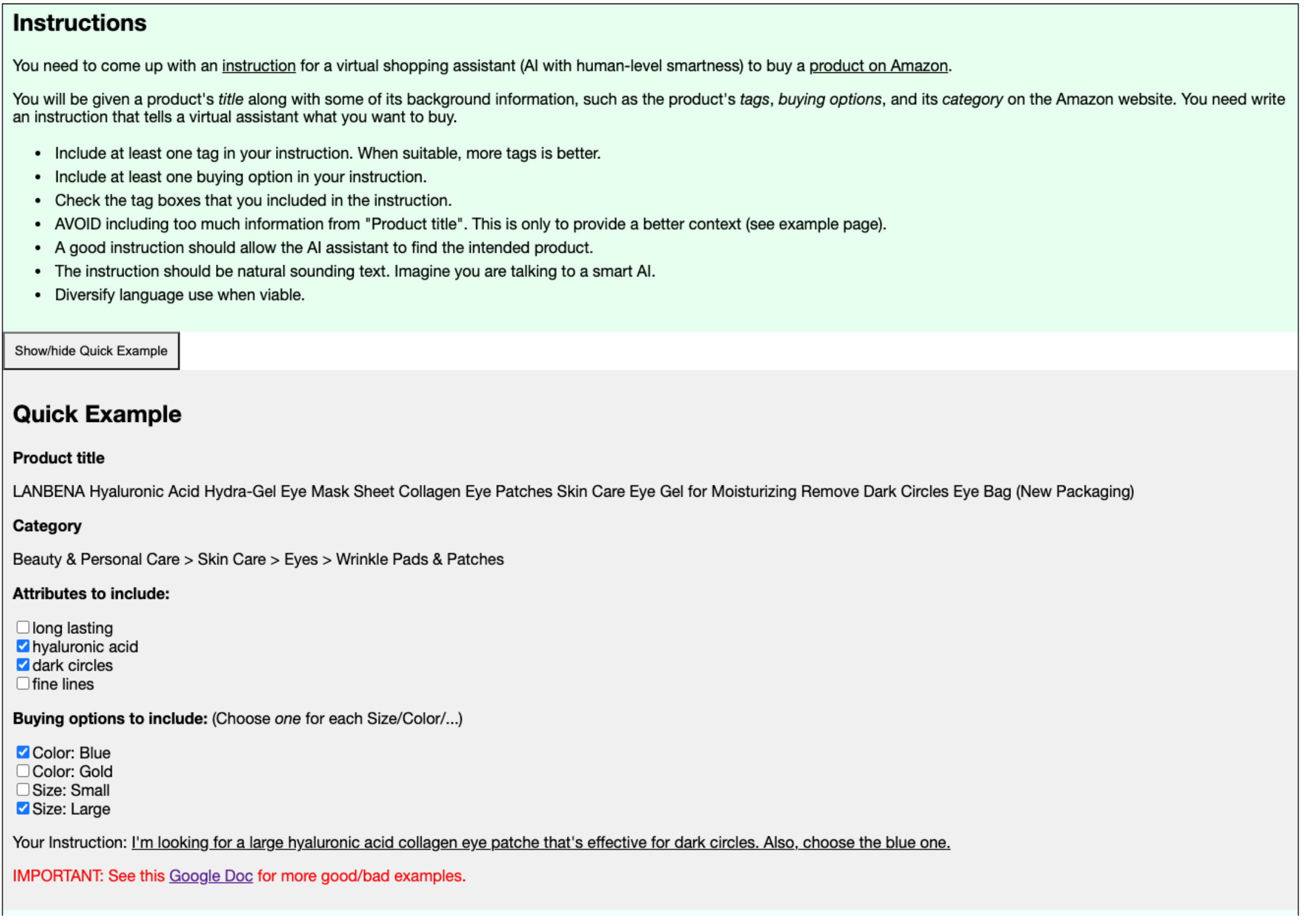 **Figure 5:** The Amazon Mechanical Turk interface for the instruction writing task. The green box shows the general instruction for the task and the grey box shows an concrete example.