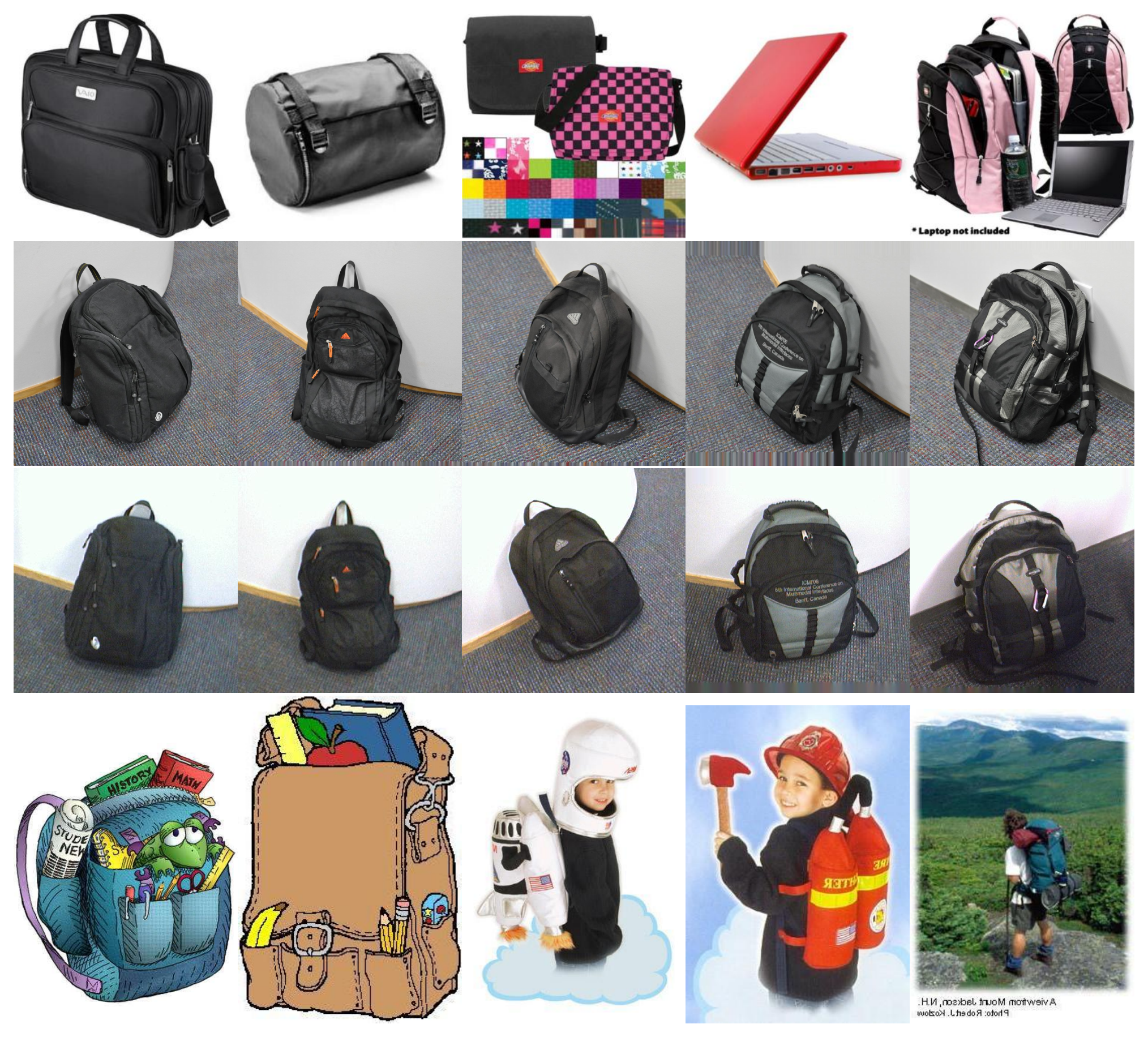 **Figure 3:** Examples of the 'back_pack' class in the different domains in Office and Caltech–256. **First Row:** 5 of the 92 images in the Amazon domain. **Second Row:** The DSLR domain contains 4 images for the rightmost image from different frontal angles, 2 images for the other 4 backpacks for a total of 12 images for this class. **Third Row:** The webcam domain contains the exact same backpacks with DSLR with similar poses for a total of 29 images for this class. **Fourth Row:** Some of the 151 backpack samples Caltech domain.