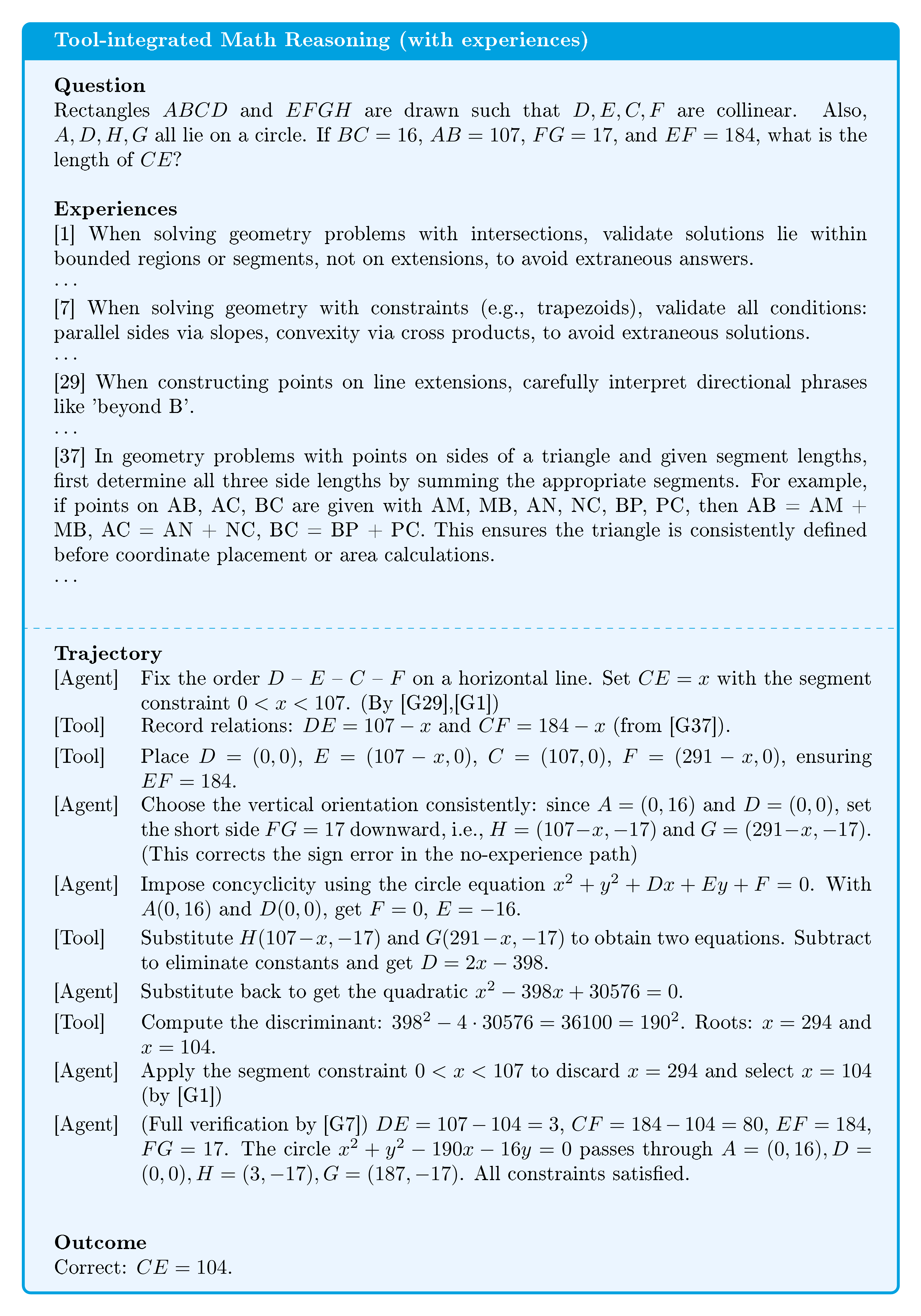 **Figure 6:** Example trajectory with experiences in Math Reasoning.