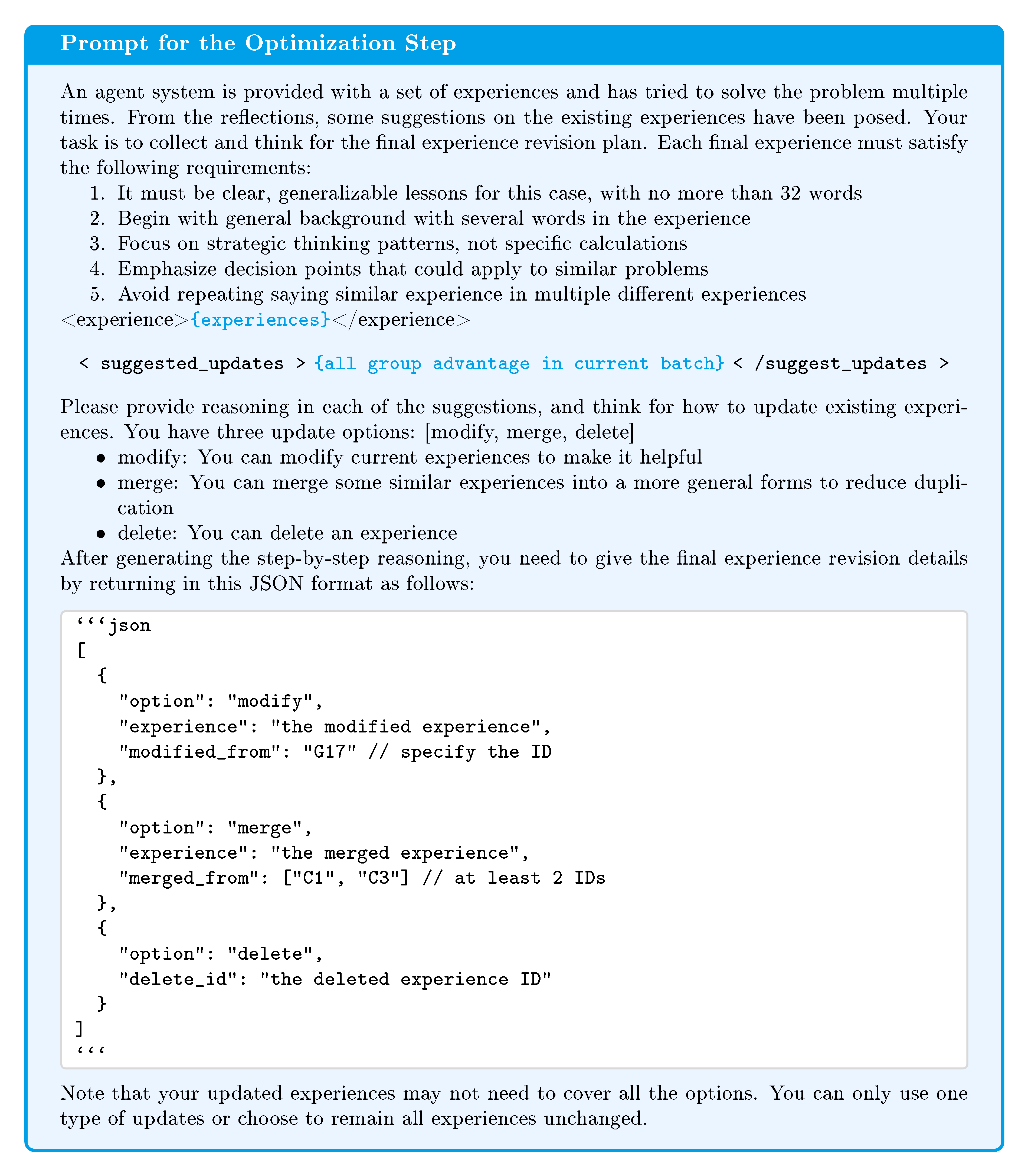 **Figure 13:** Prompt for optimizing experiential knowledge $ \mathcal{E} $ based on group advantages in the same batch in Math Reasoning.