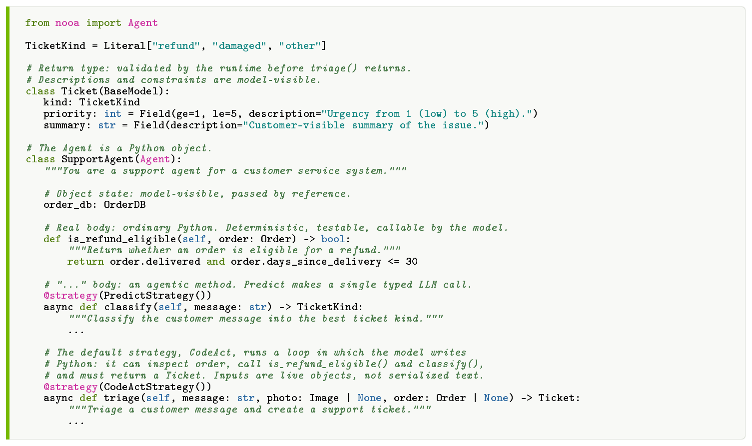 **Figure 1:** **Implementation of a simple Agent in $\textsc{NOOA}$.**