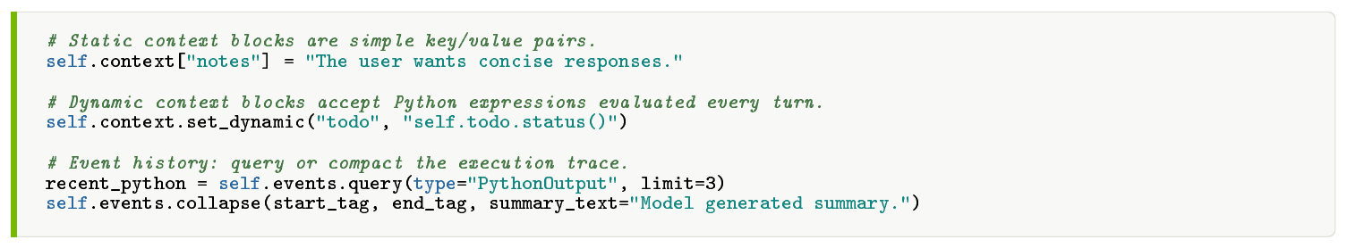 **Figure 4:** **Context engineering in $\textsc{NOOA}$.** Context blocks and the event history are Python APIs available to both the developer and the agent.