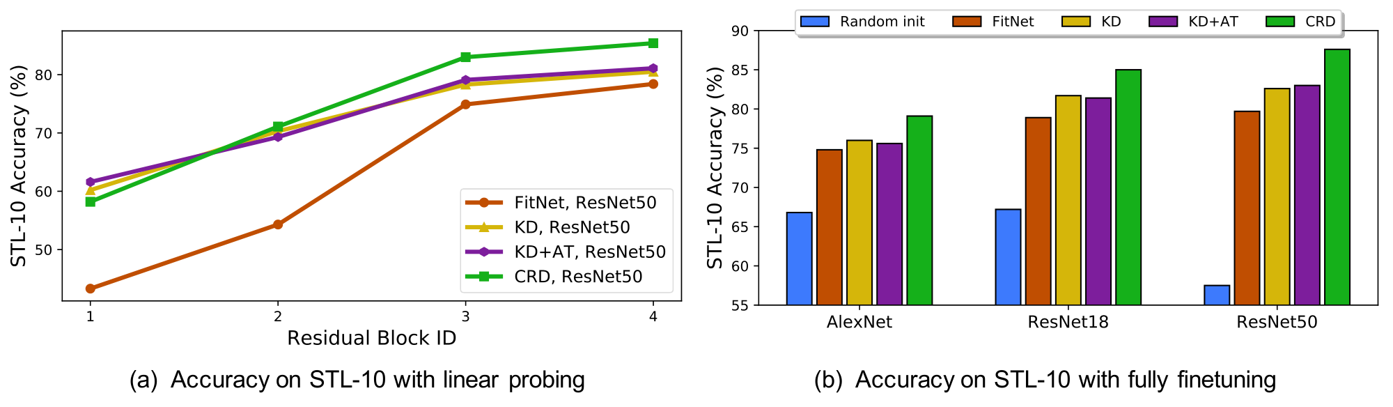 **Figure 3:** Top-1 classification accuracy on STL-10 using *chrominance* image ($ab$ channel in $Lab$ color space). We initialize the *chrominance* network randomly or by distilling from a *luminance* network, trained with large-scale labeled images. We evaluate distillation performance by (a) linear probing and (b) fully finetuning.