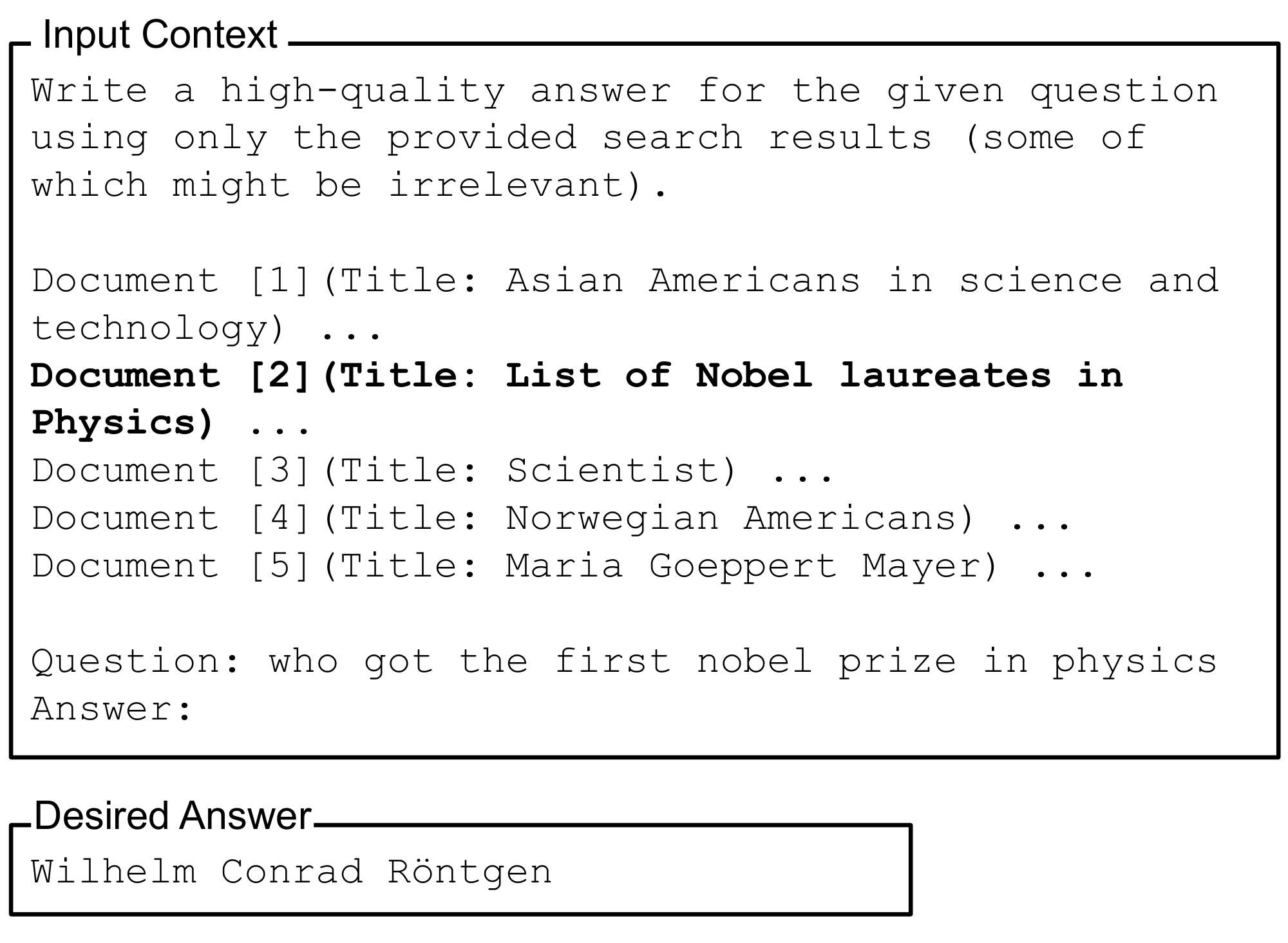 **Figure 4:** Modulating the input context length of the multi-document question answering example presented in Figure 2. Adding documents that do not contain the answer increases the length of the input context, but does not affect the desired output.