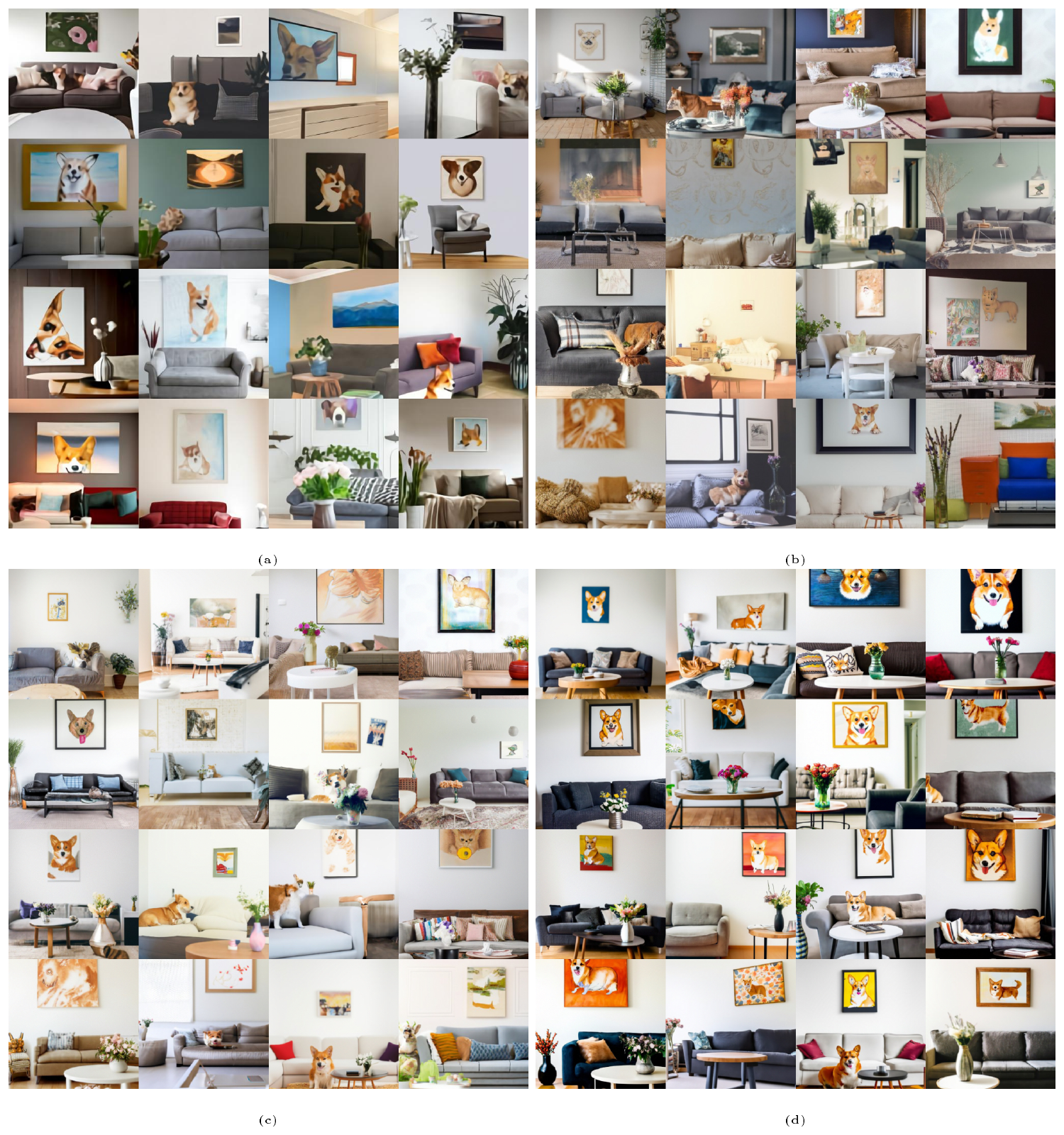 **Figure 18:** Random samples from DALL-E and GLIDE on the prompt "A cozy living room with a painting of a corgi on the wall above a couch and a round coffee table in front of a couch and a vase of flowers on a coffee table". We do not perform any CLIP reranking for GLIDE.