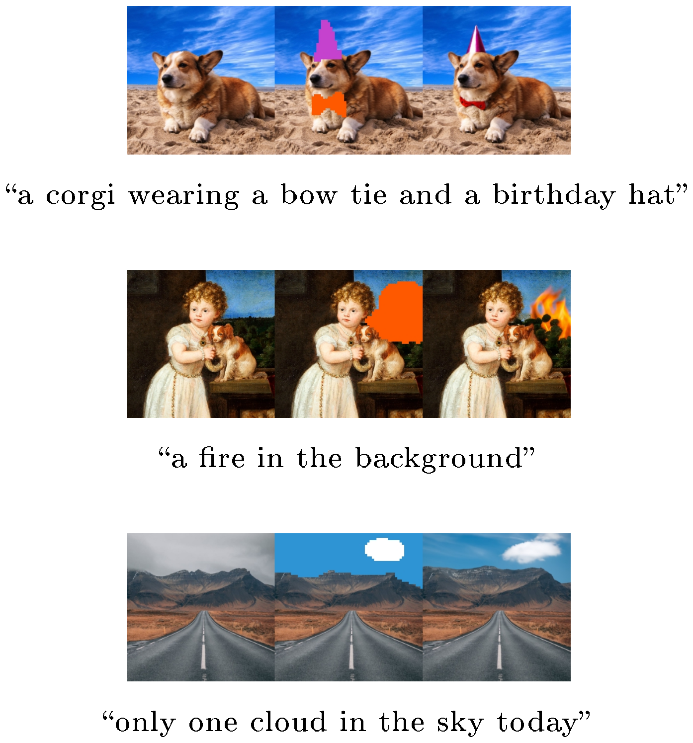 **Figure 4:** Examples of text-conditional SDEdit ([1]) with GLIDE, where the user combines a sketch with a text caption to do more controlled modifications to an image.
