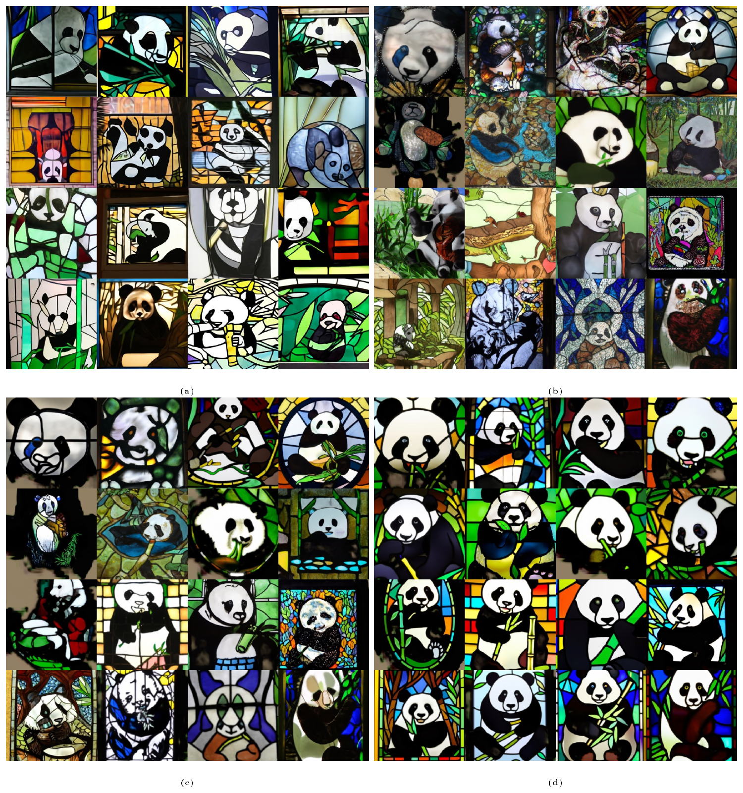 **Figure 17:** Random samples from DALL-E and GLIDE on the prompt "a stained glass window of a panda eating bamboo". We do not perform any CLIP reranking for GLIDE.