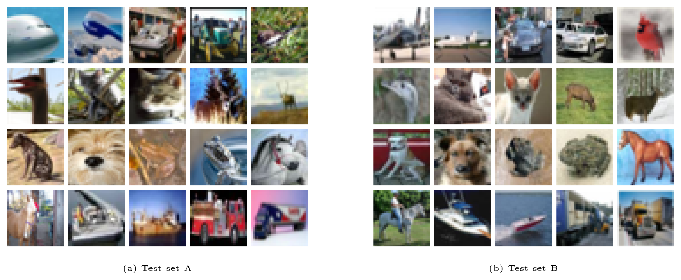 **Figure 3:** Randomly selected images from the original and new CIFAR-10 test sets. Each grid contains two images for each of the ten classes. The following footnote reveals which of the two grids corresponds to the new test set.