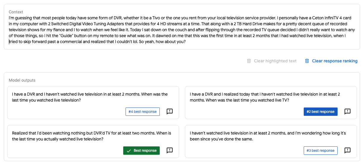 **Figure 5:** A screenshot of the user interface presented to human evaluators, ultimately used to calculate win rates. Raters are shown a context and asked to rank the quality of candidate responses.
