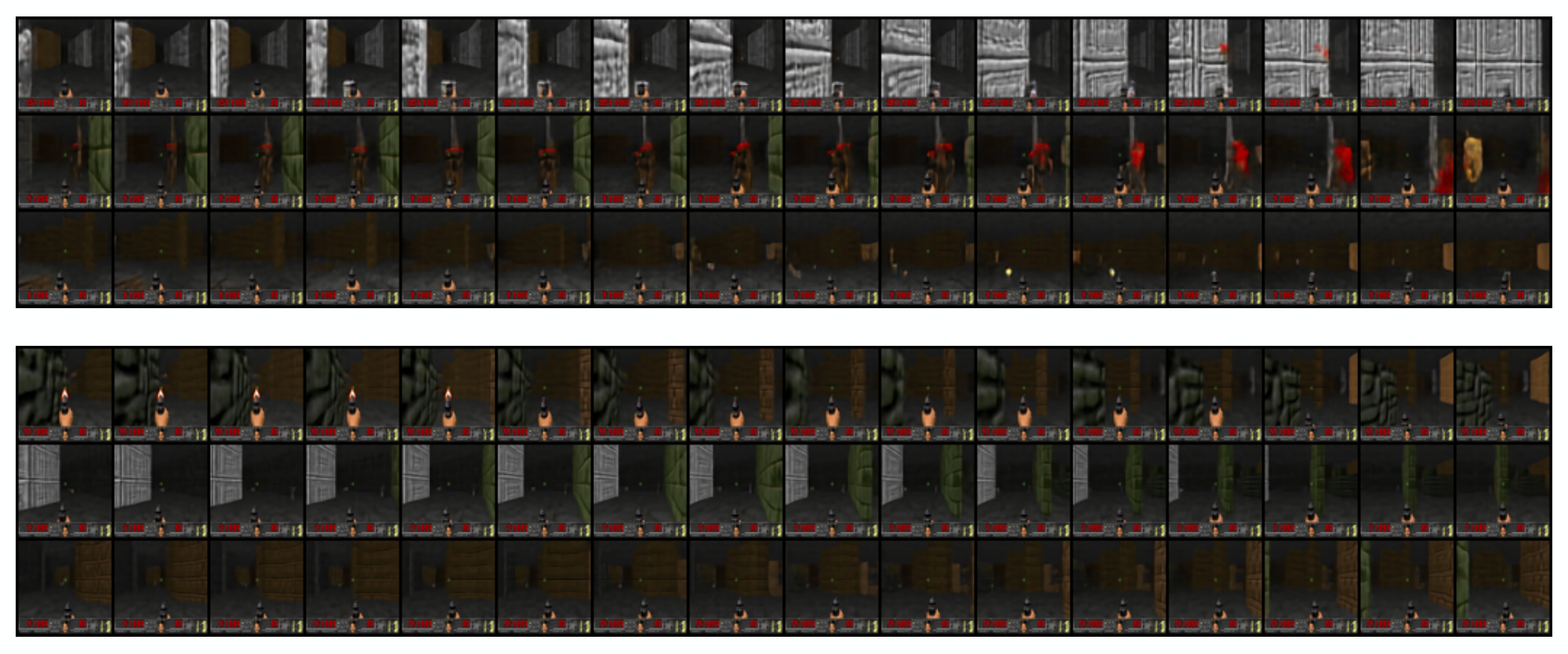 **Figure 10:** Samples for ViZDoom battle2 environment. (Top) shows unconditionally generated samples. (Bottom) shows three samples conditioned on the same action sequence (moving forward and right).
