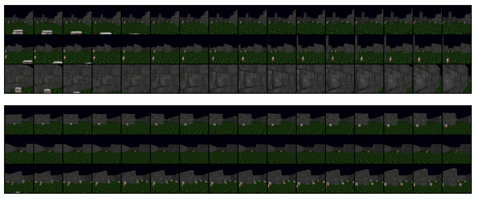 **Figure 9:** Samples for ViZDoom health gathering supreme environment. (Top) shows unconditionally generated samples. (Bottom) shows samples conditioned on the same action sequence (turn right and go straight).