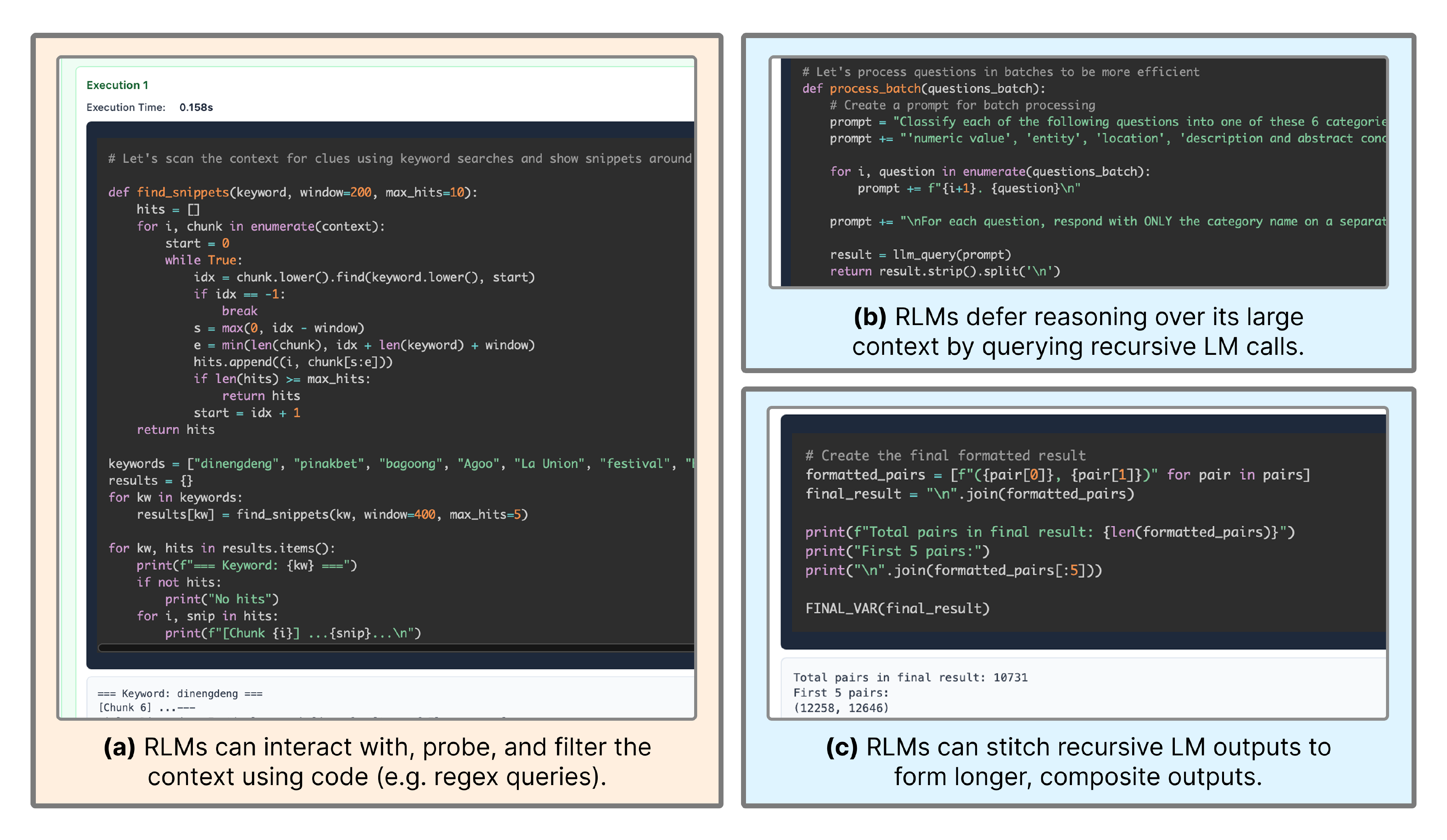 **Figure 4:** RLMs have common patterns in their trajectories when solving tasks. (a) We frequently observed RLMs filtering and interacting with their context through `regex` code. (b) We found that RLMs can effectively decompose their context through recursive sub-calls (c) On long-output tasks, RLMs are able to solve sub-problems using recursive sub-LM calls and stitch their outputs to form a final output.