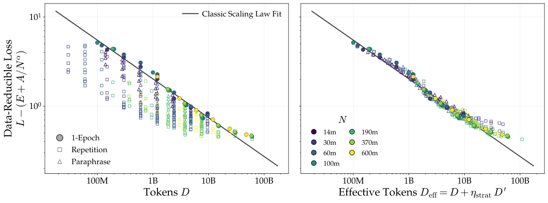 **Figure 3:** **Fitted CD-scaling law across model sizes and strategies.** Data-reducible loss $\mathcal{L} - (E + A/N^{\alpha})$ across model sizes and training settings ($1$-epoch, repetition, and paraphrase). The solid line is the classic scaling-law fit on 1-epoch runs. *Left:* Data-reducible loss against *fresh* tokens D. Repetition and paraphrase runs train on extra $D'$ tokens, pushing their loss below what fresh D alone achieves, so these runs fall beneath the classic scaling law. *Right:* The CD-scaling law converts each $D'$ into its fresh-token equivalent $\eta_{\mathrm{strat}}D'$. Re-plotted against the effective token count $D_{\text{eff}} = D + \eta_{\mathrm{strat}}D'$, the paraphrase and repetition runs reduce back to the classic scaling law.