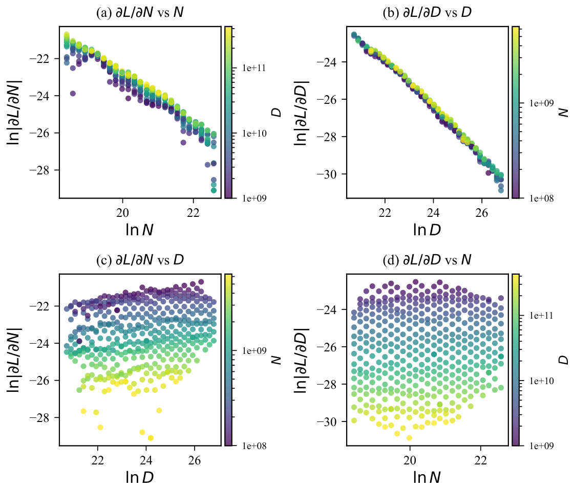 **Figure 2:** First-order derivative structure on (; MLS estimates, log–log axes; the colorbar shows the cross-variable). **Top:** same-variable projections, $\ln|\partial L/\partial N|$ vs $\ln N$ (a) and $\ln|\partial L/\partial D|$ vs $\ln D$ (b), whose linear trends indicate power-law decay ($\alpha_N, \alpha_D$). **Bottom:** cross-variable projections, $\ln|\partial L/\partial N|$ vs $\ln D$ (c) and $\ln|\partial L/\partial D|$ vs $\ln N$ (d); the dominant structure is horizontal bands induced by the same-variable dependence, while the cross-slopes $\gamma_N, \gamma_D$ remain small.