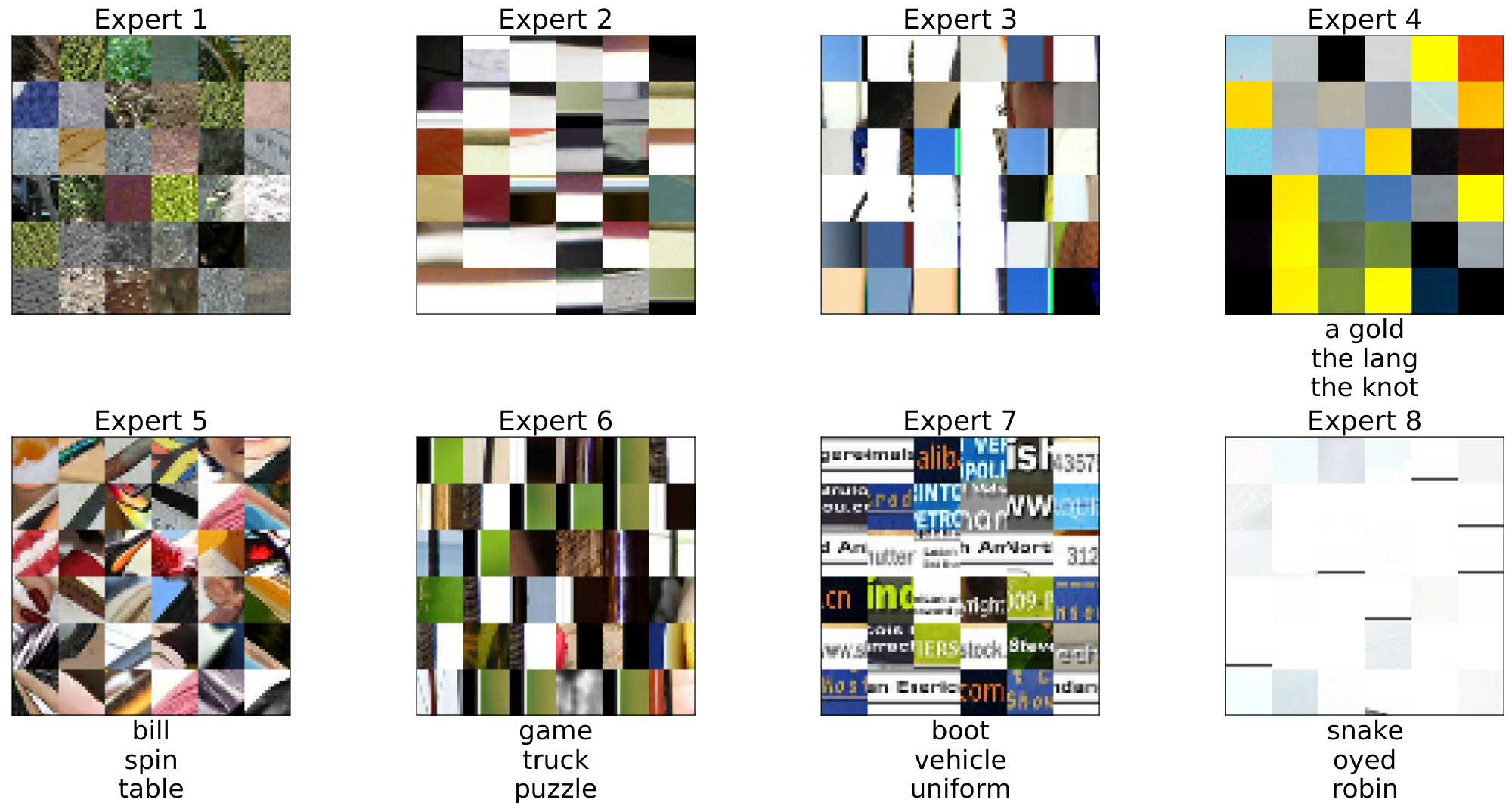 **Figure 24:** **Token routing for Imagenet.** B/16 model with 8 experts, we show original tokens (both image and text) as routed at the first MoE layer (corresponds to the second encoder block).