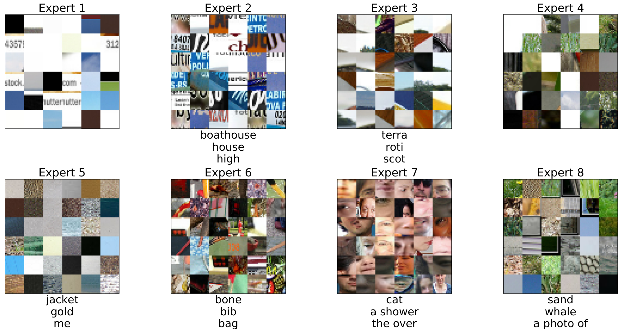 **Figure 25:** **Token routing for Imagenet.** B/16 model with 8 experts, we show original tokens (both image and text) as routed at the second MoE layer (corresponding to the fourth encoder block).
