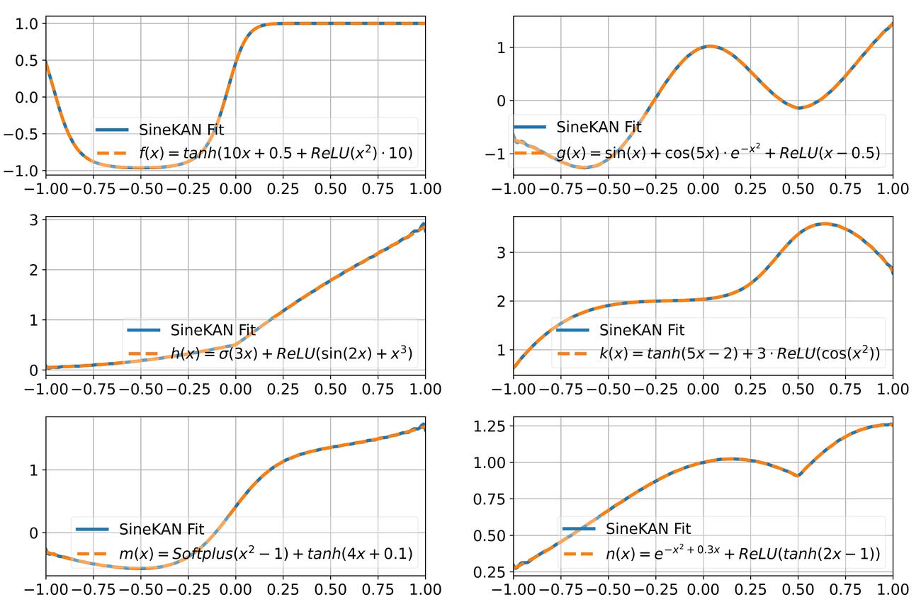 **Figure 6:** Fits of SineKAN with grid size of 100 to assorted functions.