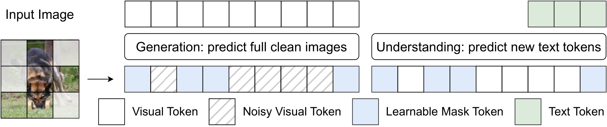 **Figure 3:** Illustration of our proposed masking-based feature learning scheme. During training, we use the learnable mask token to regularize multimodal understanding and perform masked prediction for visual generation.