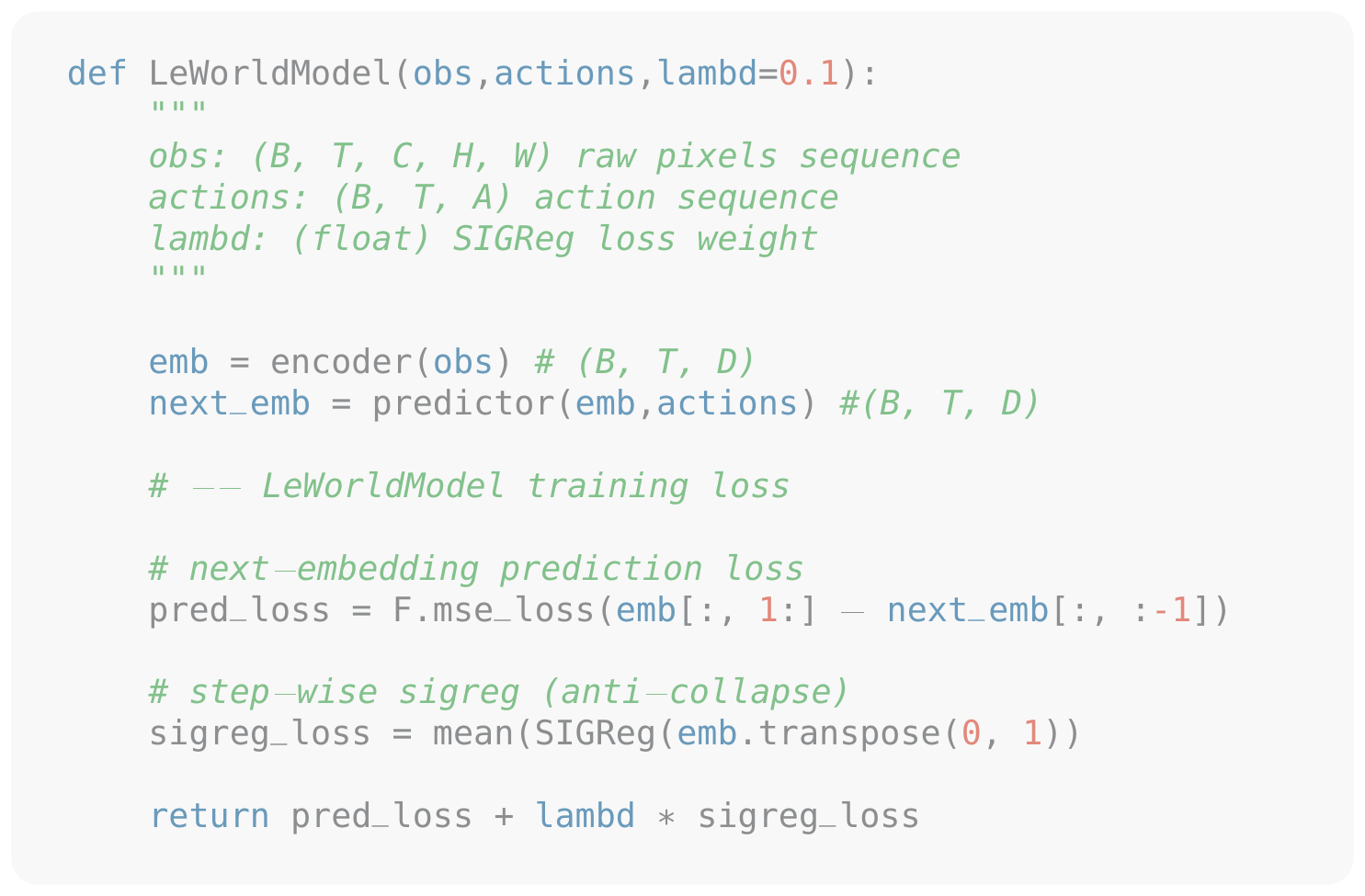 **Figure 9:** **Algorithm ref\*alg:train-alg.** Pseudo-code for the training procedure of LeWorldModel. Pixel observations are encoded into latent embeddings, and a predictor estimates the dynamics by predicting the next-step embedding conditioned on actions. The model is optimized end-to-end using a next-embedding prediction loss together with a step-wise SIGReg regularization term to prevent representation collapse.