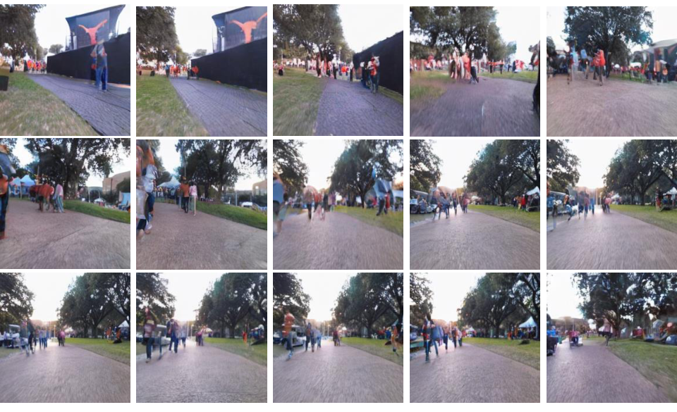 **Figure 12:** **Video generation examples on SCAND**. NWM is conditioned on a single first image, and a ground truth trajectory and autoregressively predicts the next up to $16$ seconds at $4$ FPS. We plot the generated results from $2$ to $16$ seconds, every 1 second.