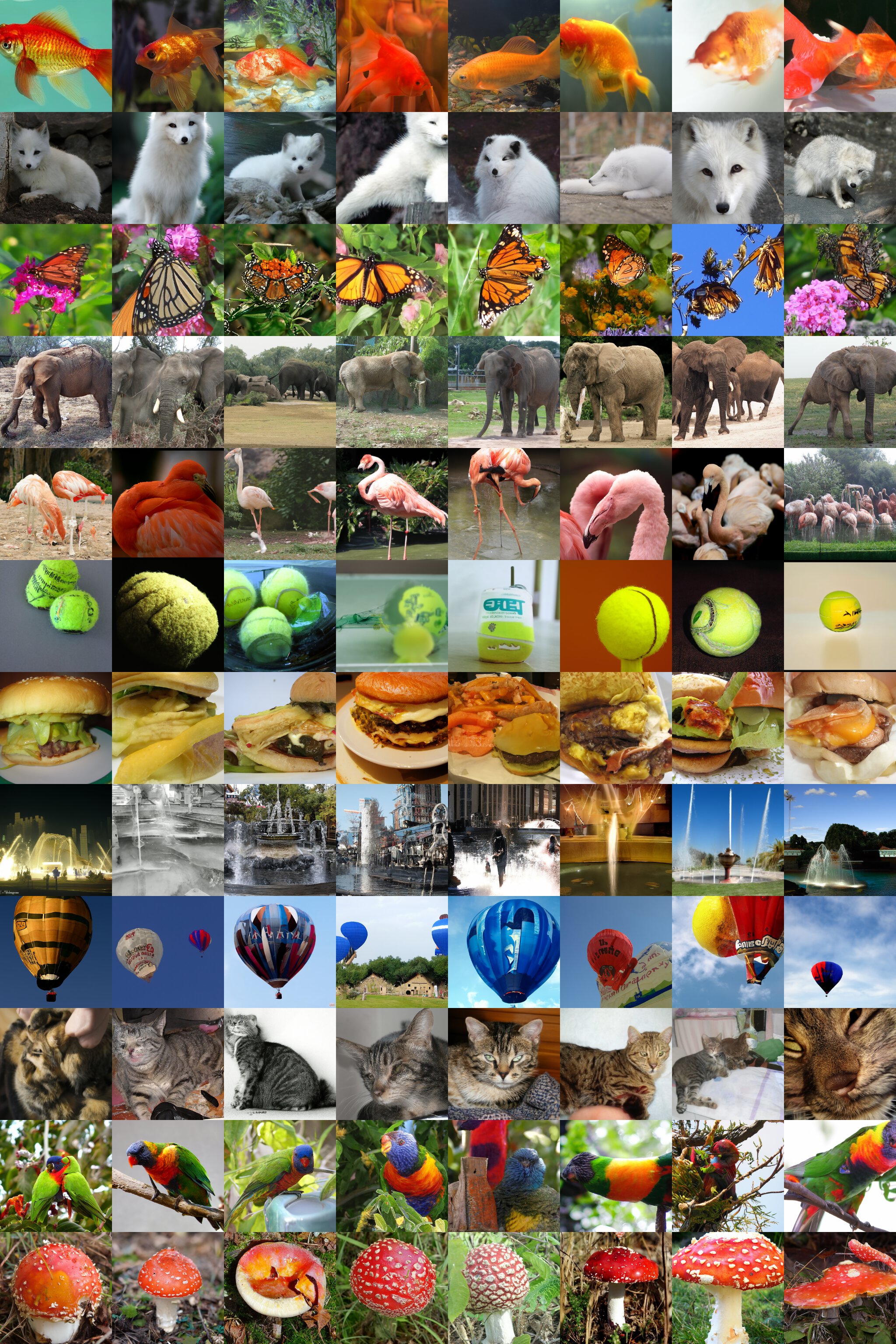 **Figure 26:** Samples from our guided 256 $\times$ 256 model using 250 steps with classifier scale 1.0 (FID 4.59). Classes are 1: goldfish, 279: arctic fox, 323: monarch butterfly, 386: african elephant, 130: flamingo, 852: tennis ball, 933: cheeseburger, 562: fountain, 417: balloon, 281: tabby cat, 90: lorikeet, 992: agaric