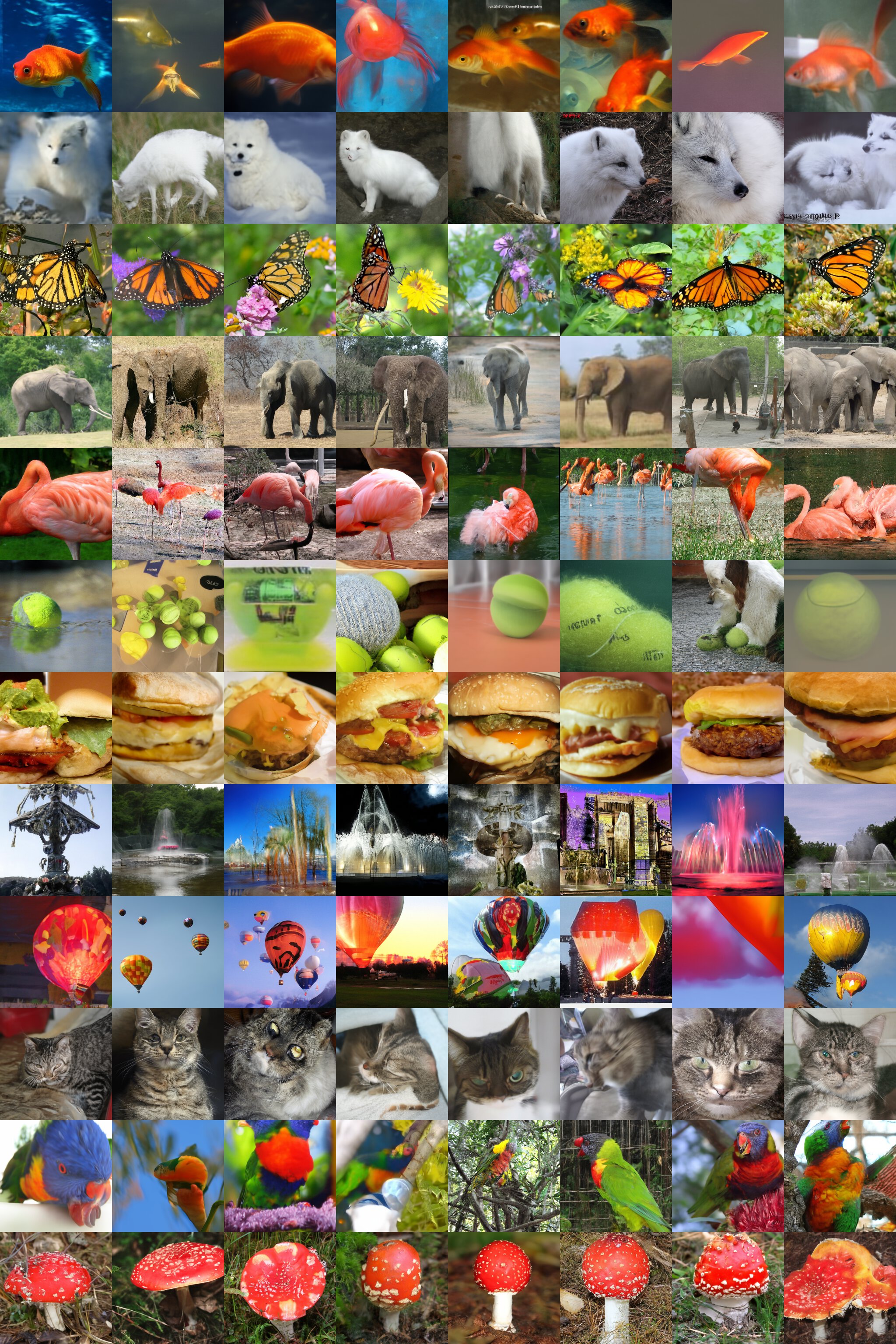 **Figure 27:** Samples from our guided 256 $\times$ 256 model using 25 DDIM steps with classifier scale 2.5 (FID 5.44). Classes are 1: goldfish, 279: arctic fox, 323: monarch butterfly, 386: african elephant, 130: flamingo, 852: tennis ball, 933: cheeseburger, 562: fountain, 417: balloon, 281: tabby cat, 90: lorikeet, 992: agaric