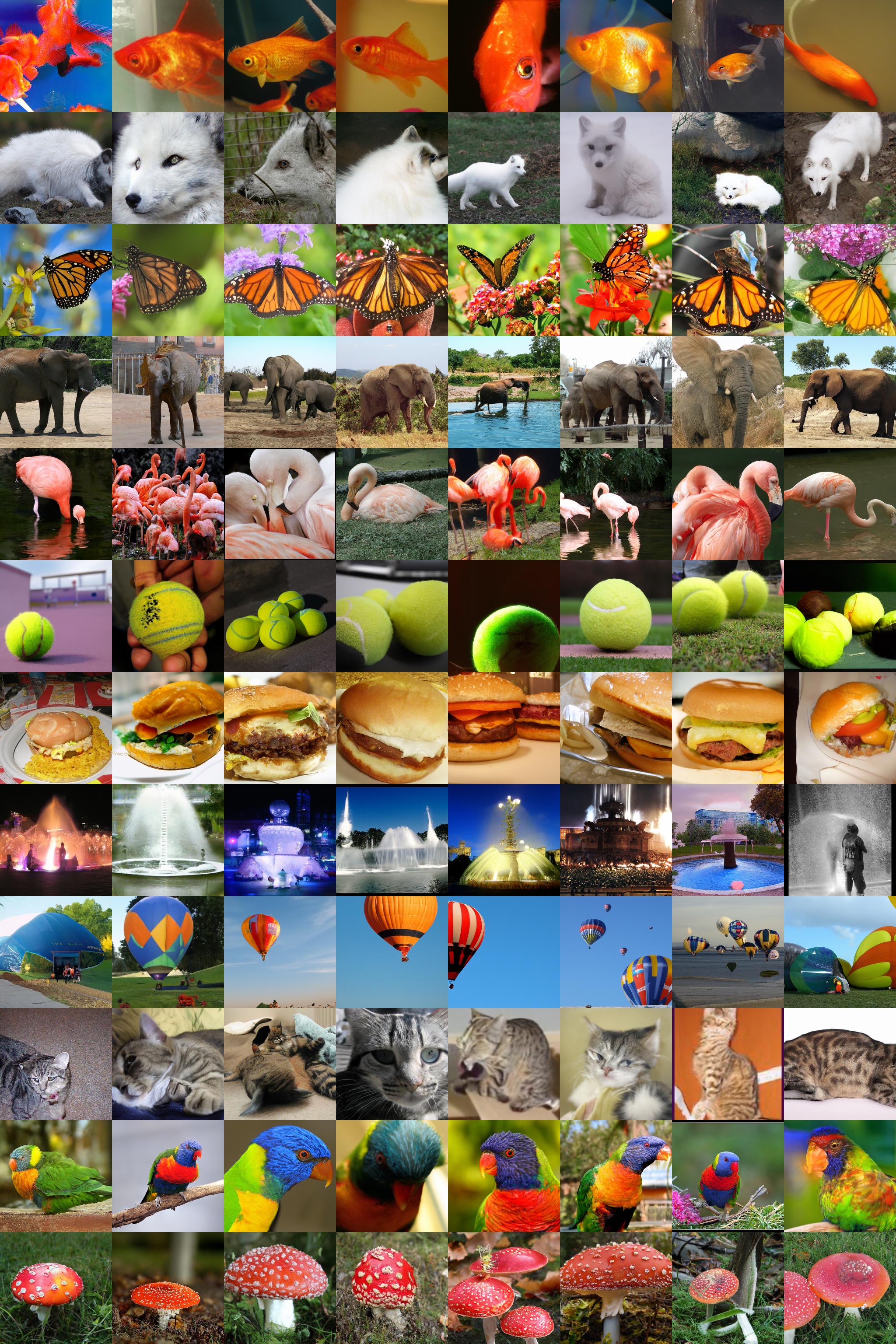 **Figure 25:** Samples using our best 256 $\times$ 256 model (FID 3.94). Classes are 1: goldfish, 279: arctic fox, 323: monarch butterfly, 386: african elephant, 130: flamingo, 852: tennis ball, 933: cheeseburger, 562: fountain, 417: balloon, 281: tabby cat, 90: lorikeet, 992: agaric