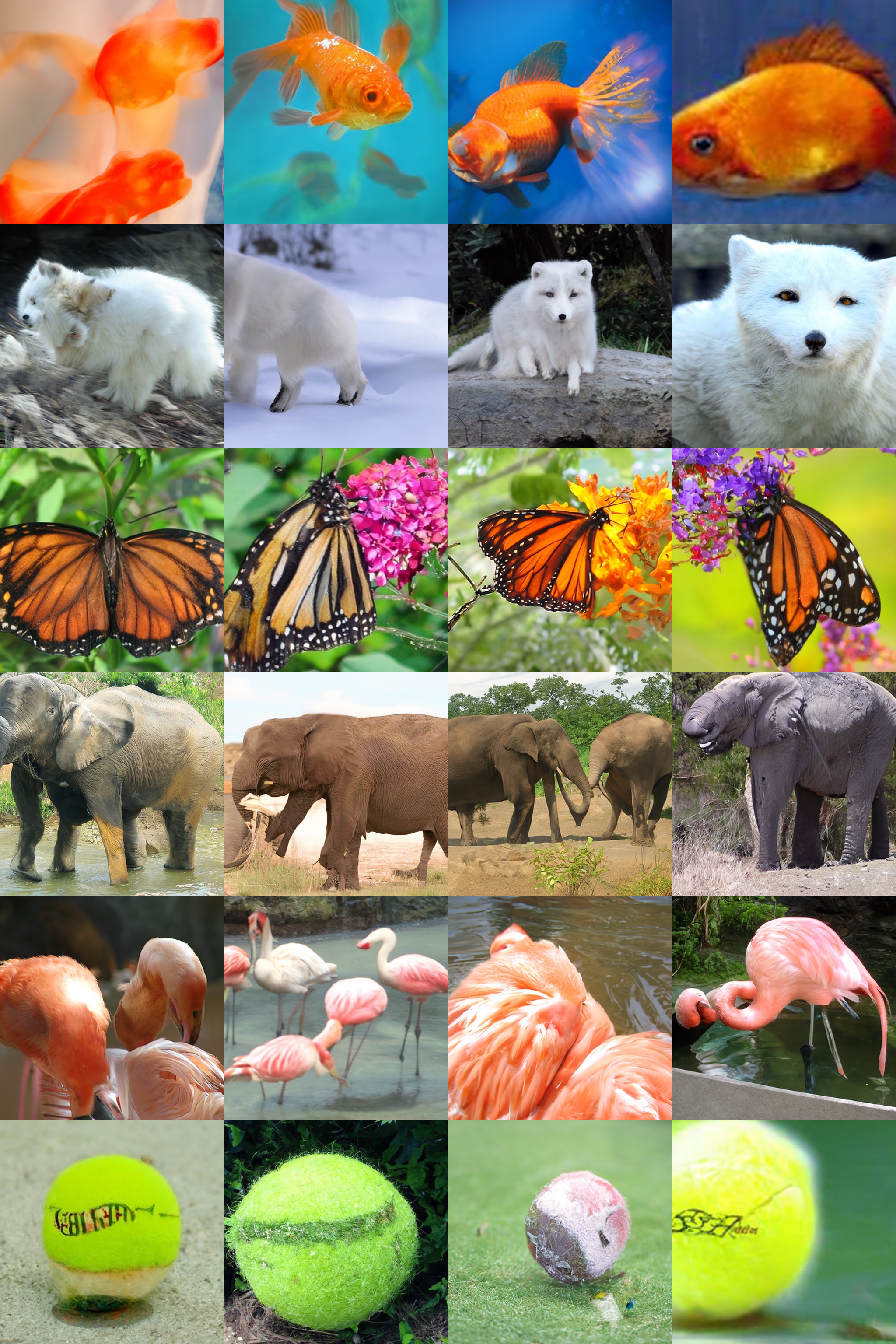 **Figure 21:** Samples from our guided 512 $\times$ 512 model using 250 steps with classifier scale 4.0 (FID 7.72). Classes are 1: goldfish, 279: arctic fox, 323: monarch butterfly, 386: african elephant, 130: flamingo, 852: tennis ball.
