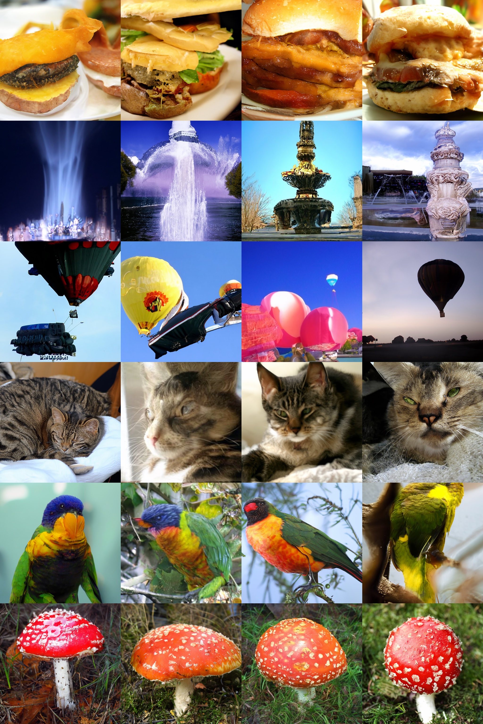 **Figure 22:** Samples from our guided 512 $\times$ 512 model using 250 steps with classifier scale 4.0 (FID 7.72). Classes are 933: cheeseburger, 562: fountain, 417: balloon, 281: tabby cat, 90: lorikeet, 992: agaric.