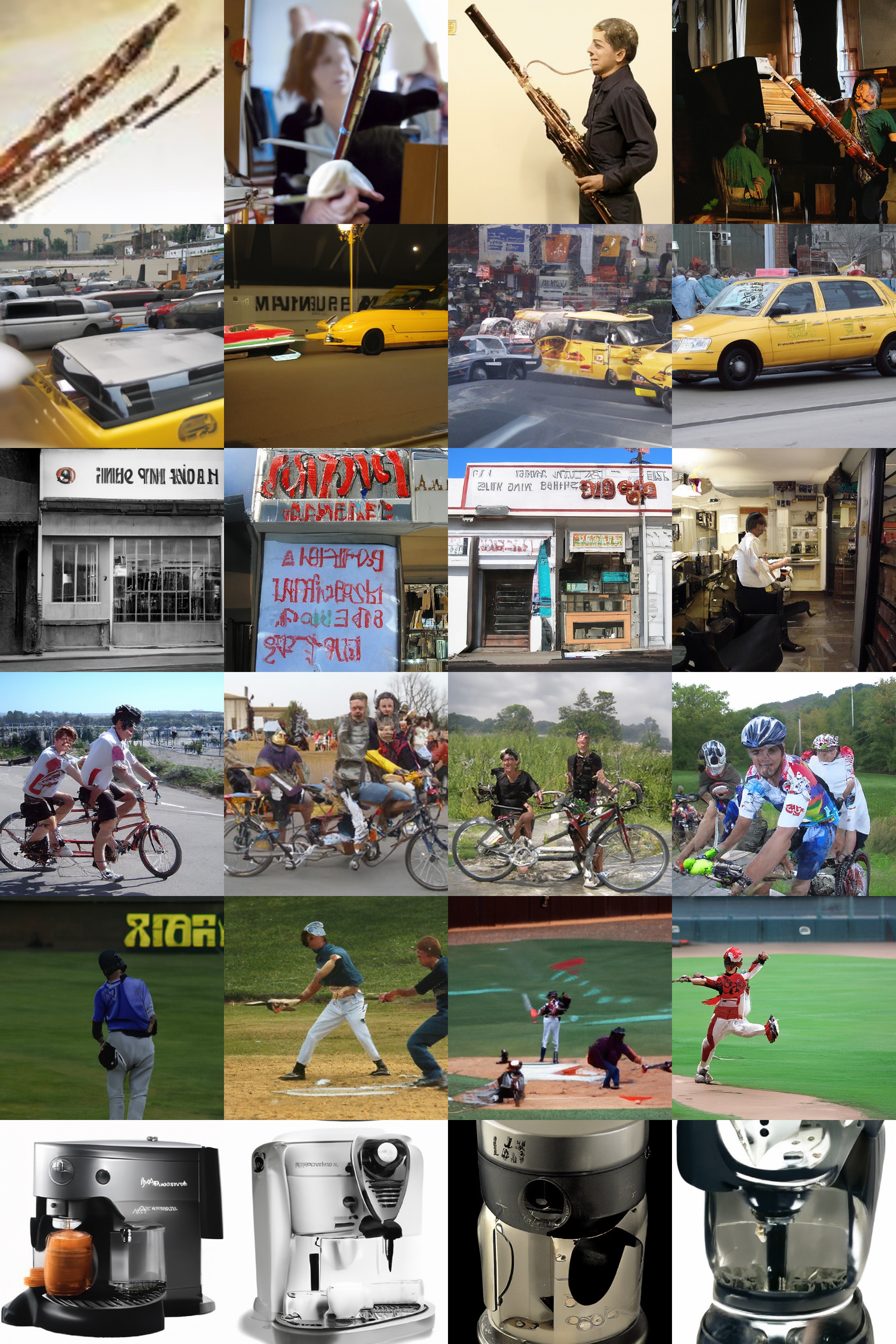 **Figure 20:** Difficult class samples from our best 512 $\times$ 512 model (FID: 3.85). Classes are 432: bassoon, 468: cab, 424: barbershop, 444: bicycle-built-for-two, 981: ballplayer, 550: espresso maker.