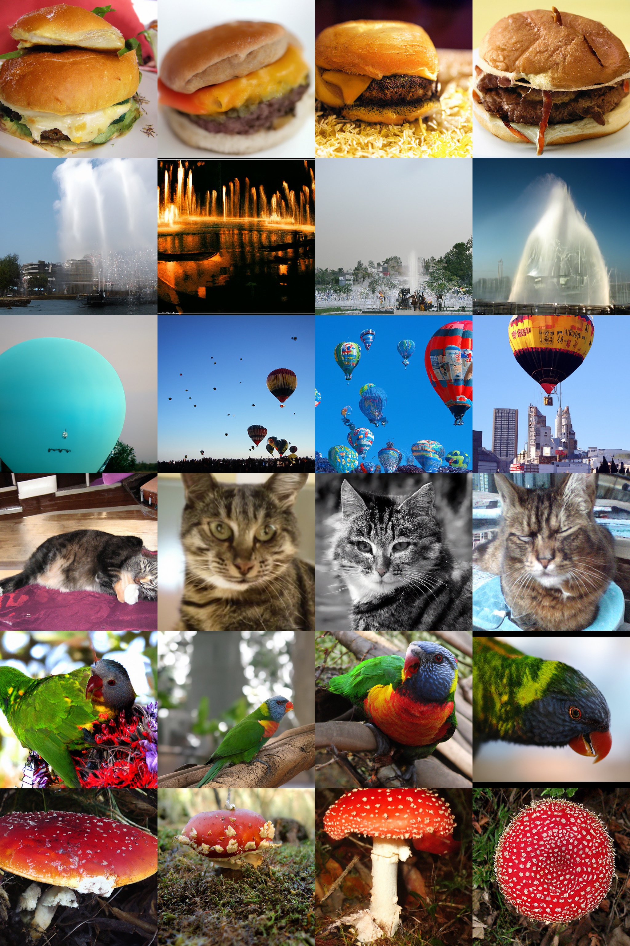 **Figure 19:** Samples from our best 512 $\times$ 512 model (FID: 3.85). Classes are 933: cheeseburger, 562: fountain, 417: balloon, 281: tabby cat, 90: lorikeet, 992: agaric.