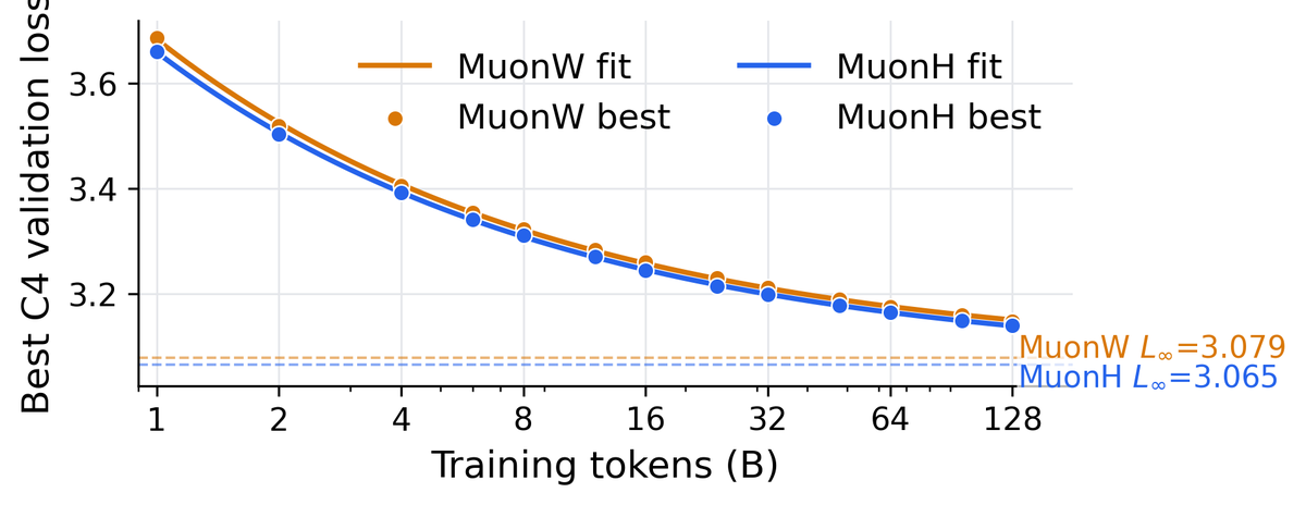 **Figure 7:** Overtrained $130$ M data scaling sweep. Points show the best C4 validation loss over learning rate sweeps at each token budget. Solid curves fit $L(N)=L_\infty+A N^{-\alpha}$. Dashed lines mark the fitted asymptotes.
