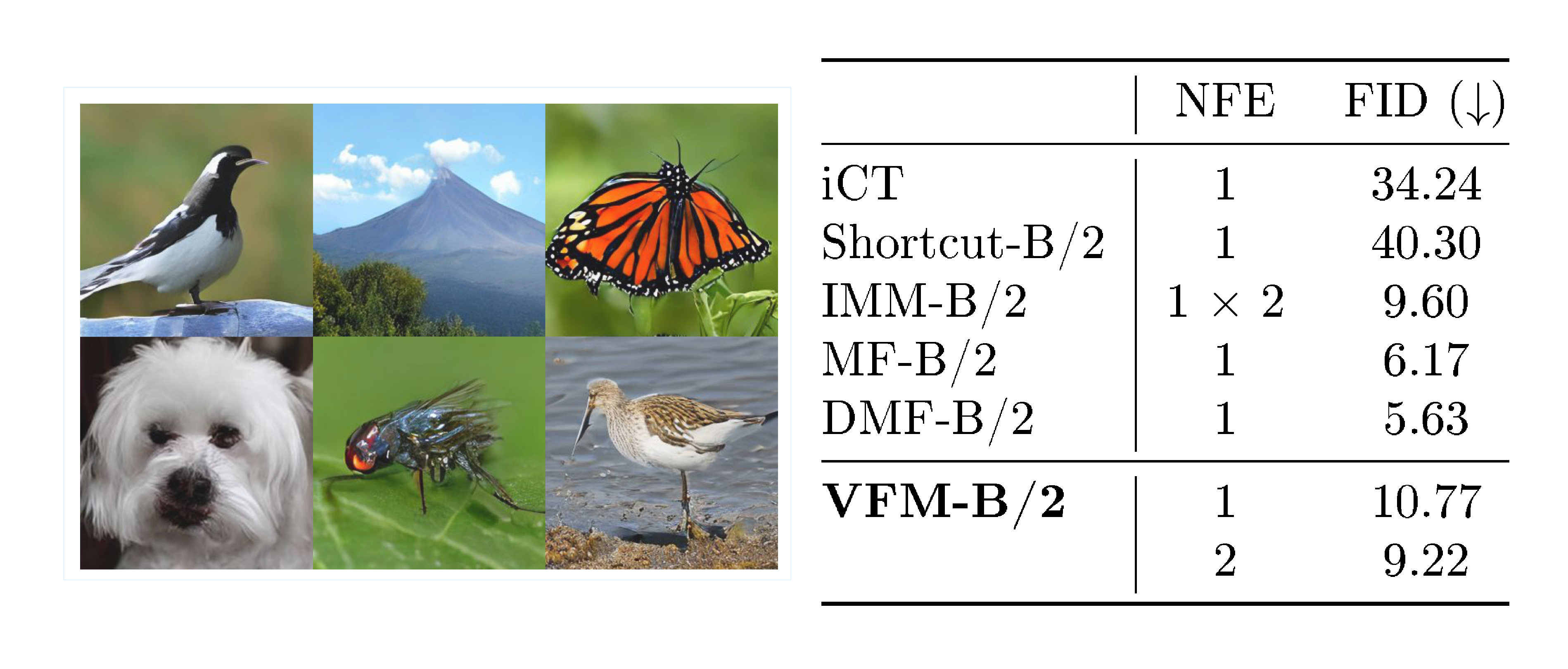**Figure 4:** Unconditional generation on ImageNet $256\times256$. **Left:** unconditional samples from VFM-B/2. **Right:** unconditional FID comparison versus mean-flow baselines. VFM retains competitive performance despite it being trained for posterior sampling.