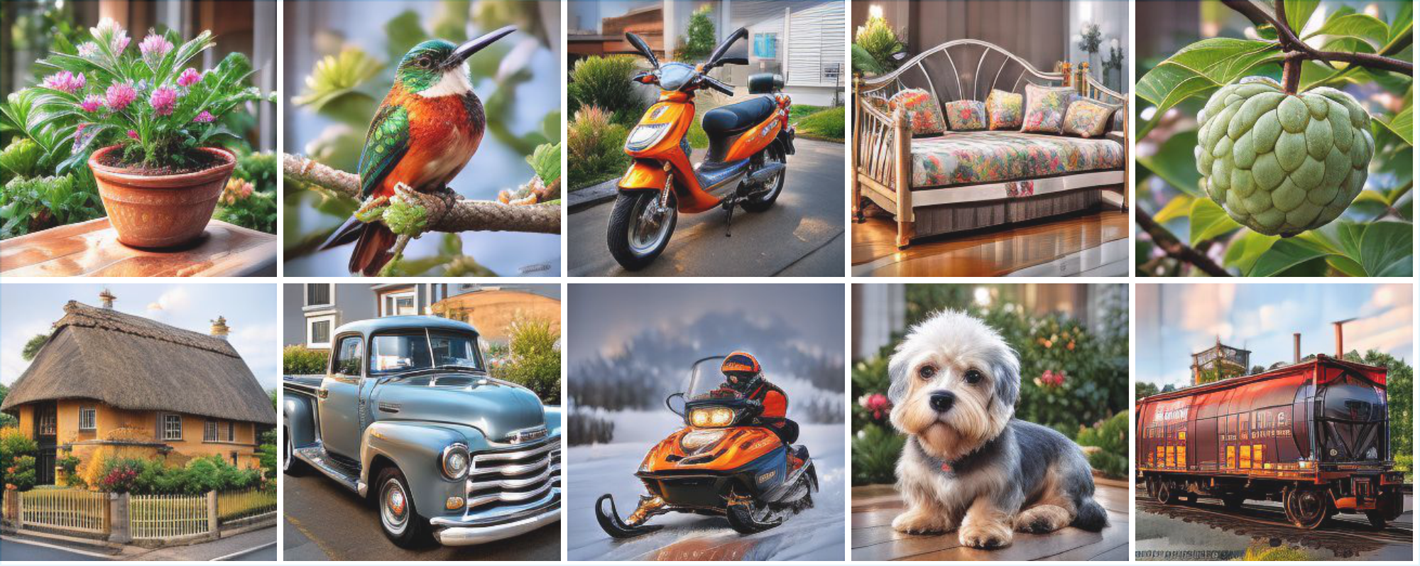 **Figure 5:** One-step reward-aligned generation using VFM fine-tuning. Starting from a pre-trained ImageNet flow map, VFM efficiently adapts the latent noise space and flow trajectories to sample from a reward-tilted distribution, achieving strong visual alignment with a target reward $R(x, c)$ in a single forward pass while preserving image quality.