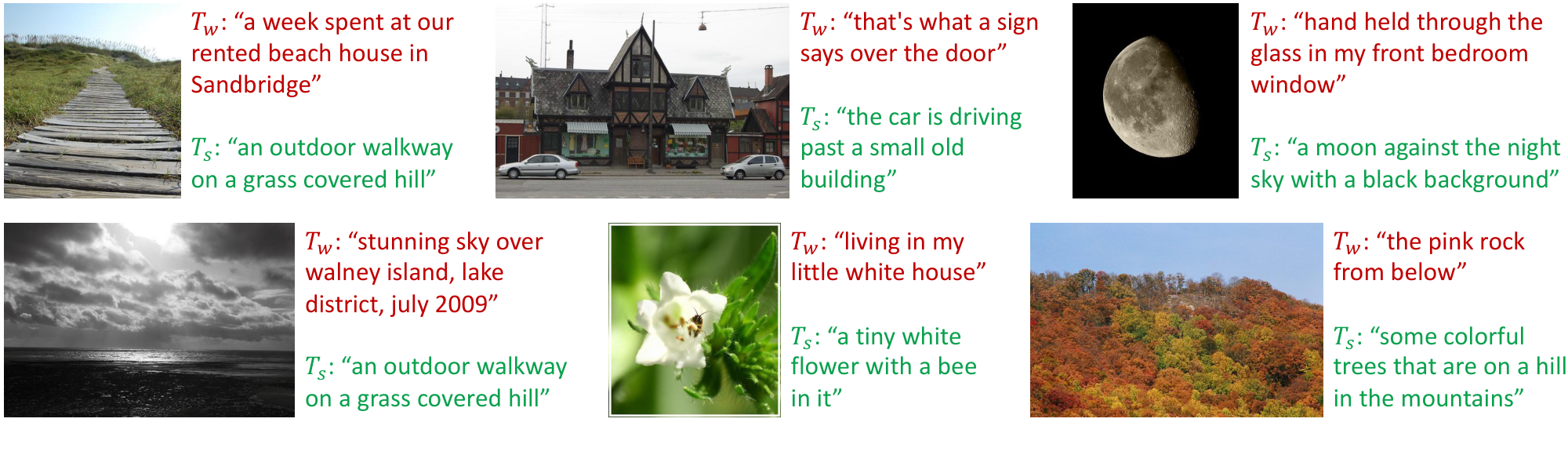 **Figure 6:** Examples of the web text $T_w$ and the synthetic text $T_s$. Green texts are accepted by the filter, whereas red texts are rejected.