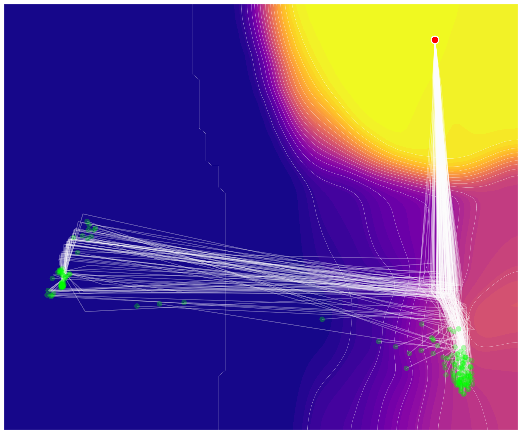 **Figure 19:** **Latent reasoning trajectories of GRAM (50 samples).** Using the same visualization scheme as Figure 18, we show 50 sampled trajectories from GRAM. The stochastic guidance enables diverse exploration of the latent space: while some trajectories converge to local minima (right bottom), others successfully reach the global optimum (left middle), demonstrating how parallel sampling improves solution discovery.