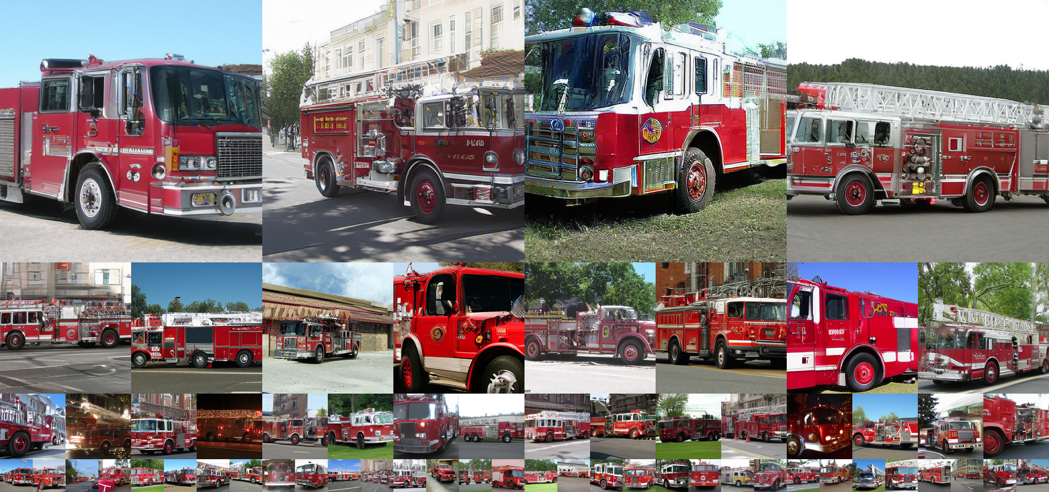 **Figure 18:** Uncurated generation results of 512 $\times$ 512 MAETok + SiT-XL. We use CFG of 2.0. Class label = "Fire Truck" (555).