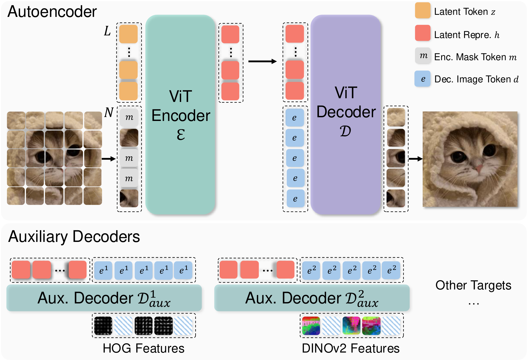 **Figure 3:** Model architecture of MAETok. We adopt the plain 1D autoencoder (AE) as tokenizer, with a vision transformer (ViT) encoder $\mathcal{E}$ and decoder $\mathcal{D}$. MAETok is trained using mask modeling at encoder, with a mask ratio of 40-60%, and predict multiple target features, e.g., HOG, DINO-v2, and CLIP features, of masked tokens from the unmasked ones using auxiliary shallow decoders.
